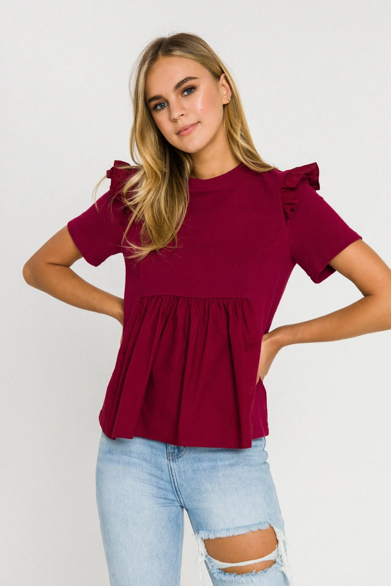 Knit Poplin Mixed Ruffle Top