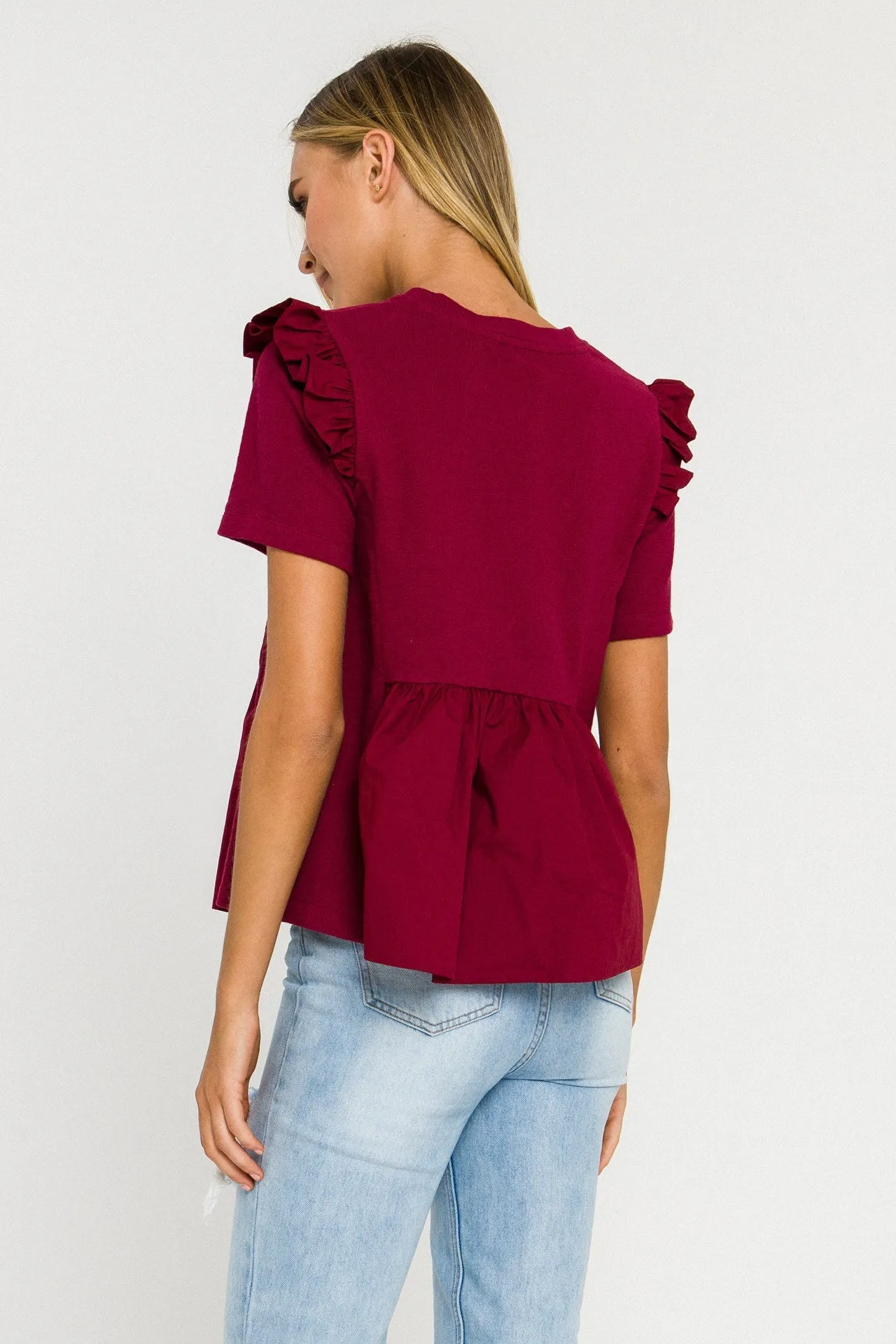 Knit Poplin Mixed Ruffle Top