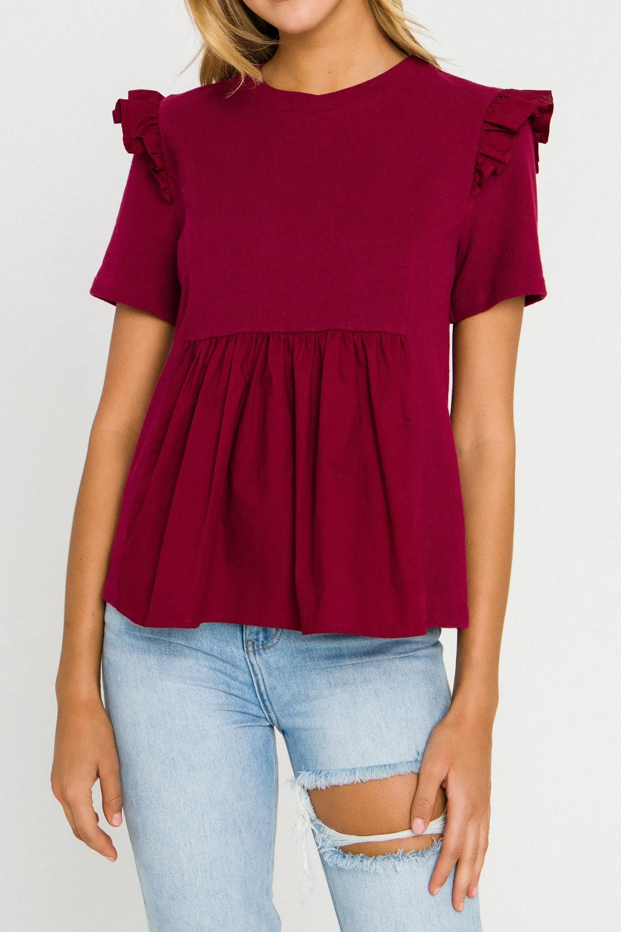 Knit Poplin Mixed Ruffle Top