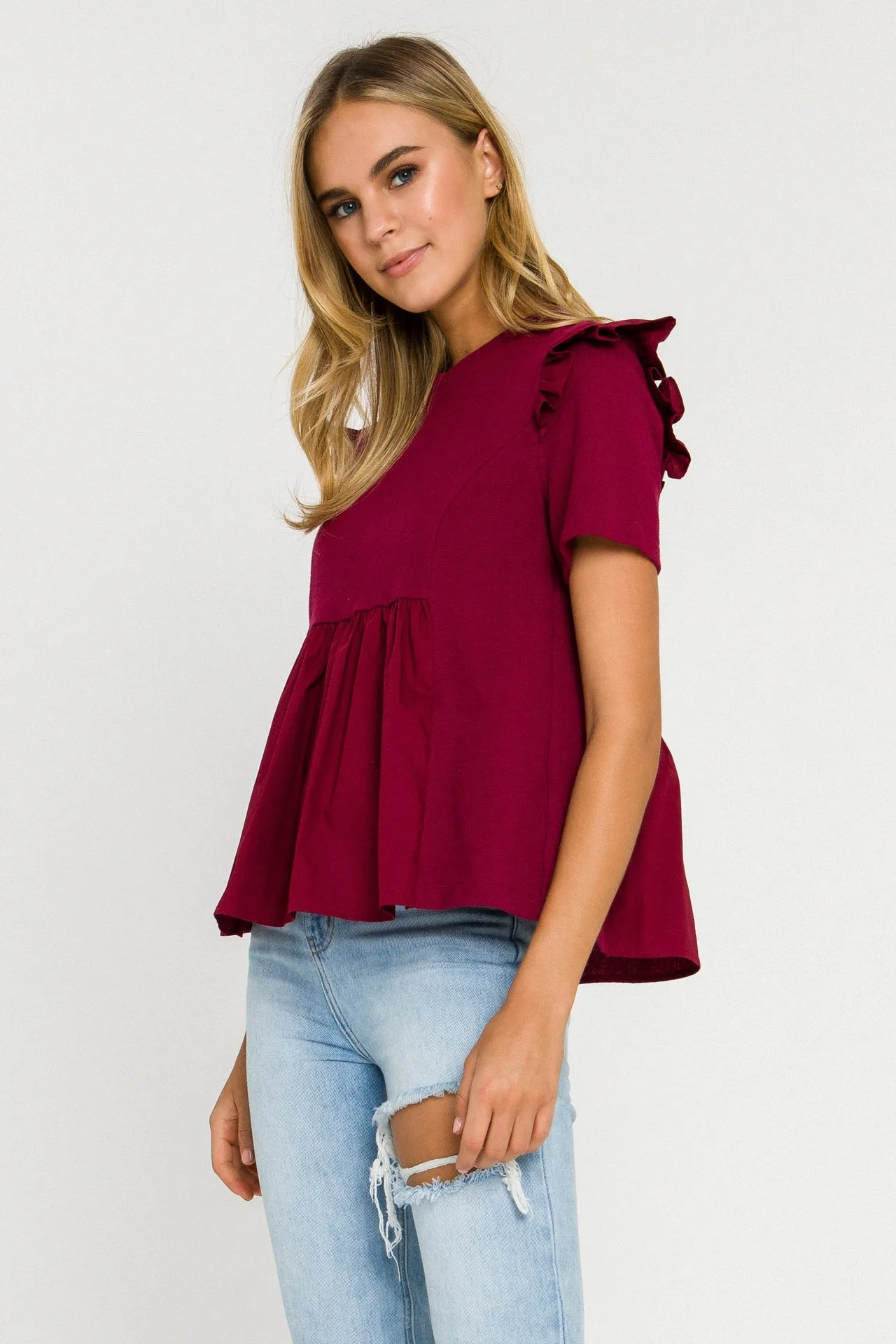 Knit Poplin Mixed Ruffle Top