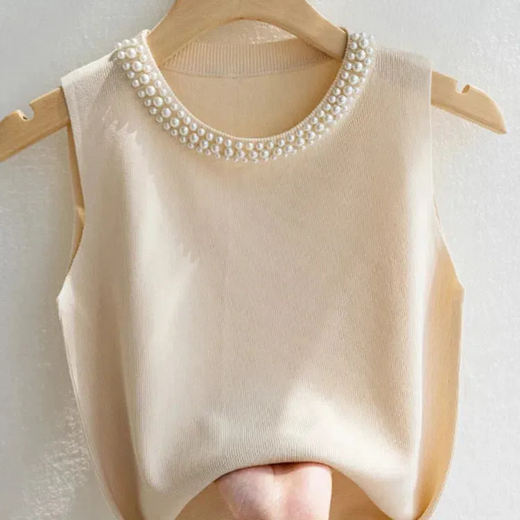 Korea Knitted Vests Women Top Solid Sleeveless Beading Tank