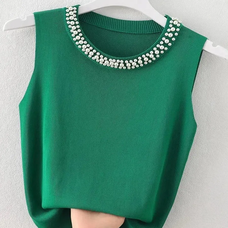 Korea Knitted Vests Women Top Solid Sleeveless Beading Tank