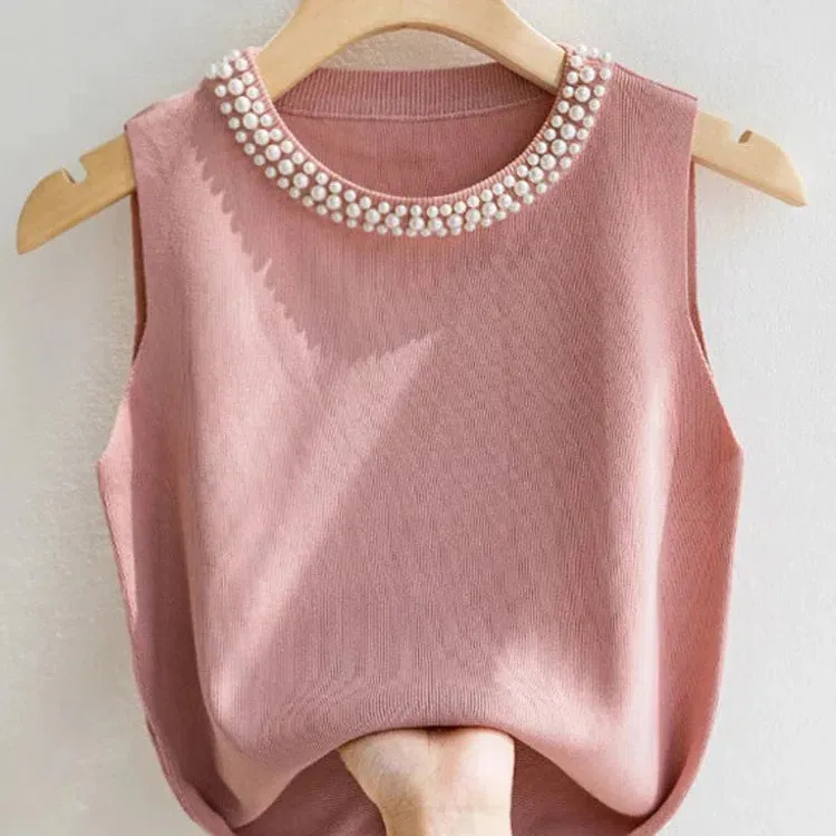 Korea Knitted Vests Women Top Solid Sleeveless Beading Tank