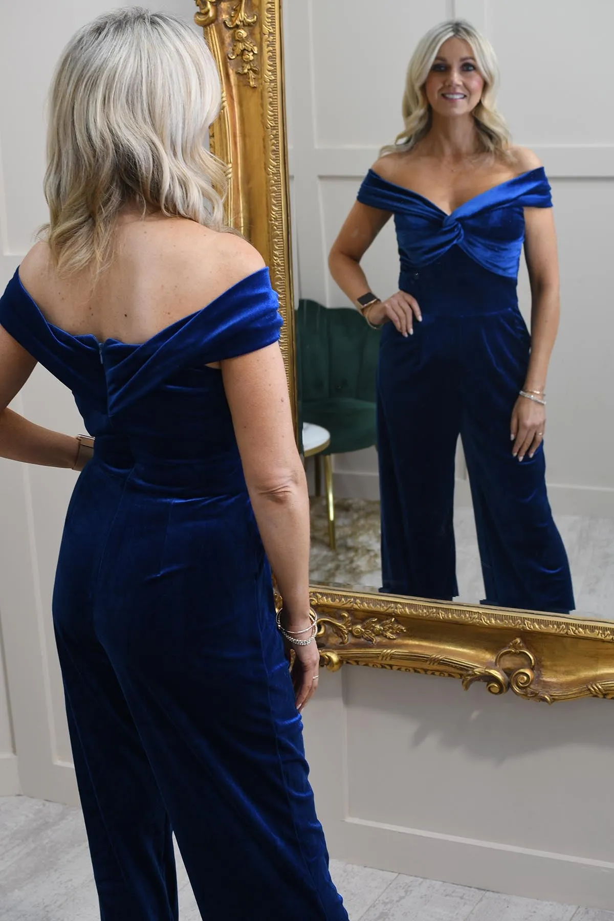 Little Mistress Petrol Blue Velvet Bardot Jumpsuit-A24VW0301BL1