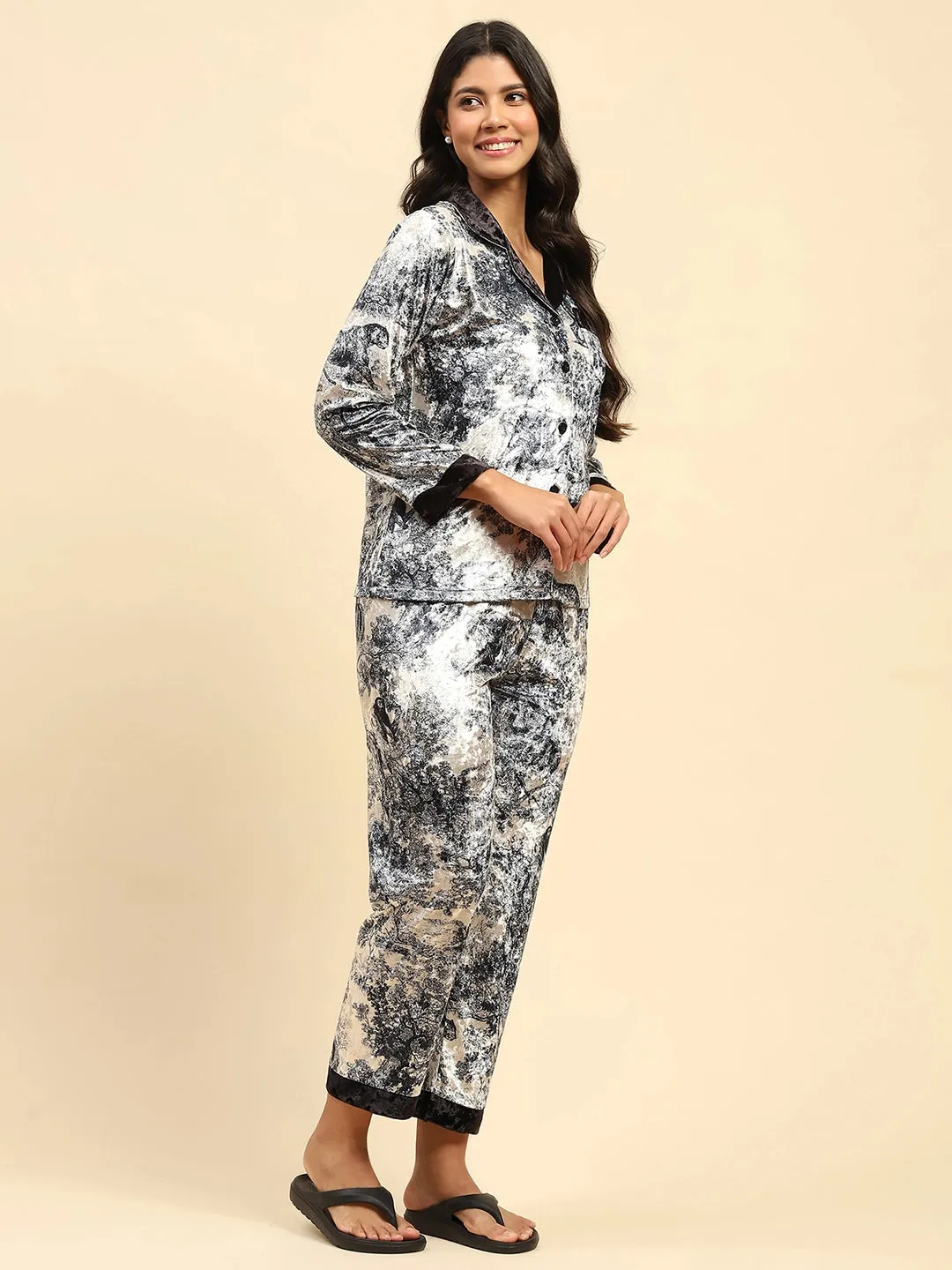 Marble Abstract Poly Blend Velvet Night Suit