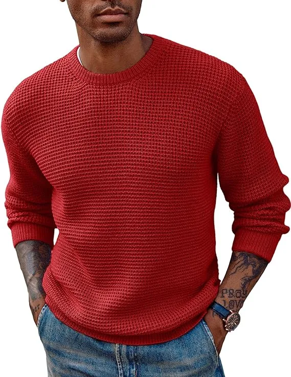 Mens Crewneck Pullover Sweater Waffle Textured Long Sleeve Knitted Sweater