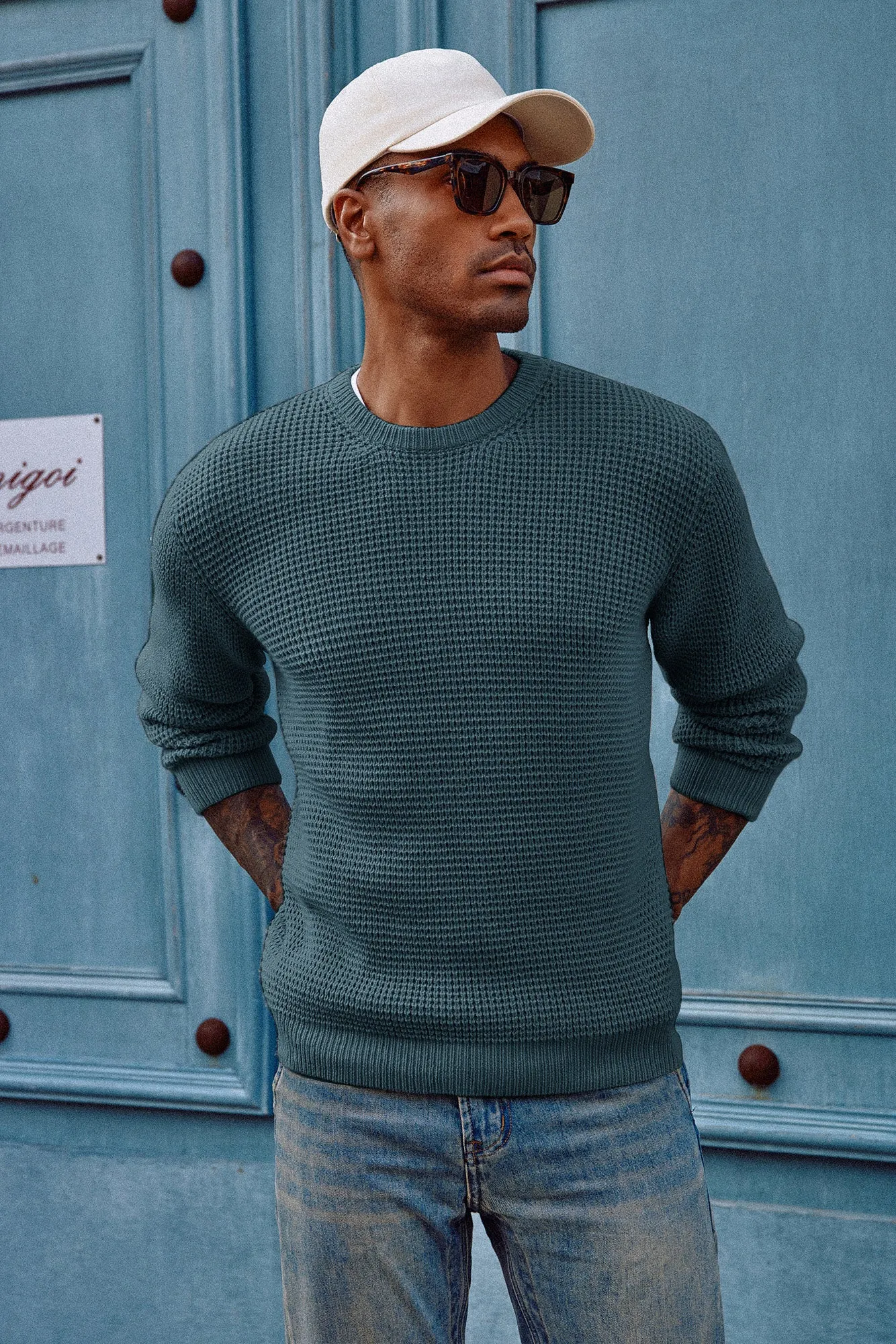 Mens Crewneck Pullover Sweater Waffle Textured Long Sleeve Knitted Sweater