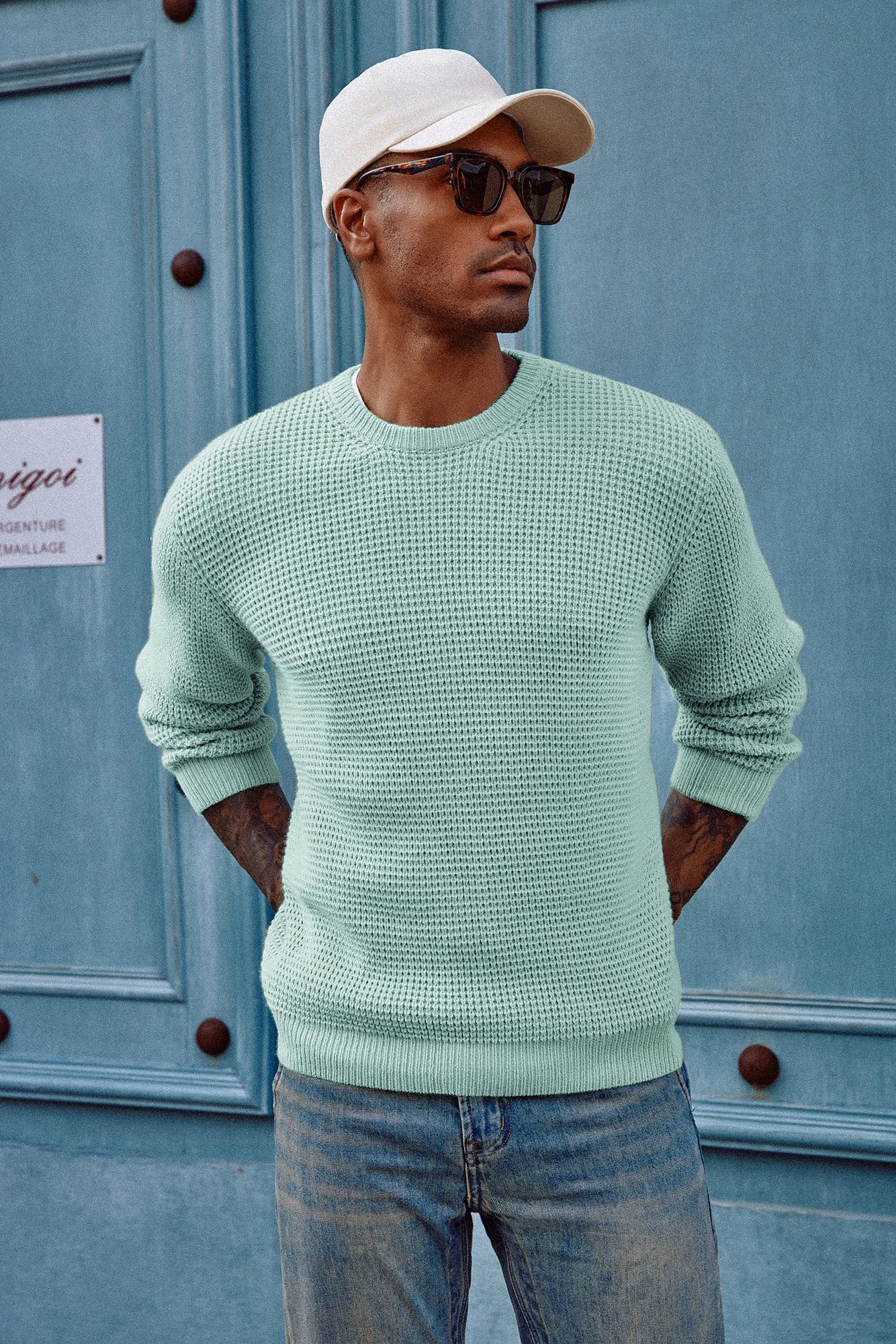 Mens Crewneck Pullover Sweater Waffle Textured Long Sleeve Knitted Sweater