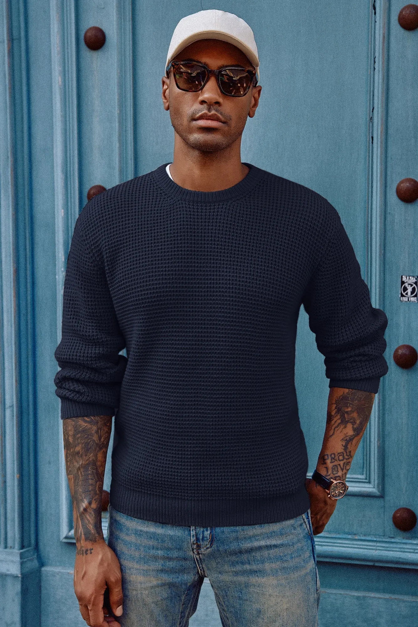 Mens Crewneck Pullover Sweater Waffle Textured Long Sleeve Knitted Sweater