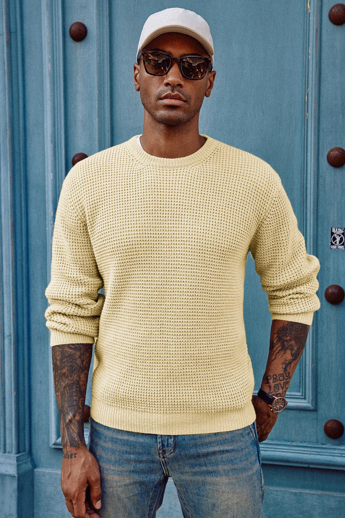 Mens Crewneck Pullover Sweater Waffle Textured Long Sleeve Knitted Sweater