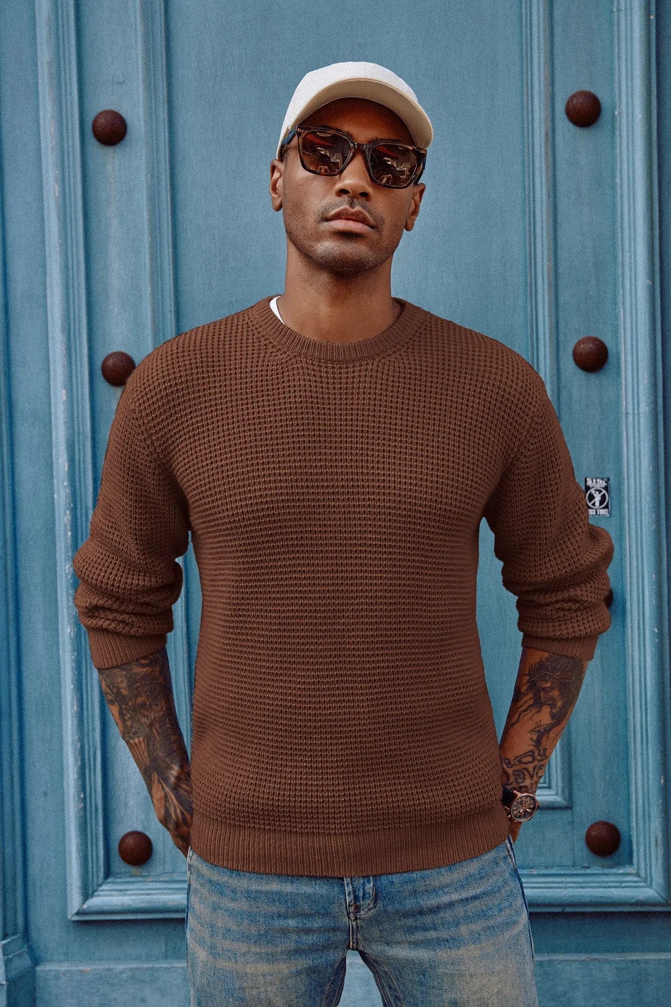 Mens Crewneck Pullover Sweater Waffle Textured Long Sleeve Knitted Sweater