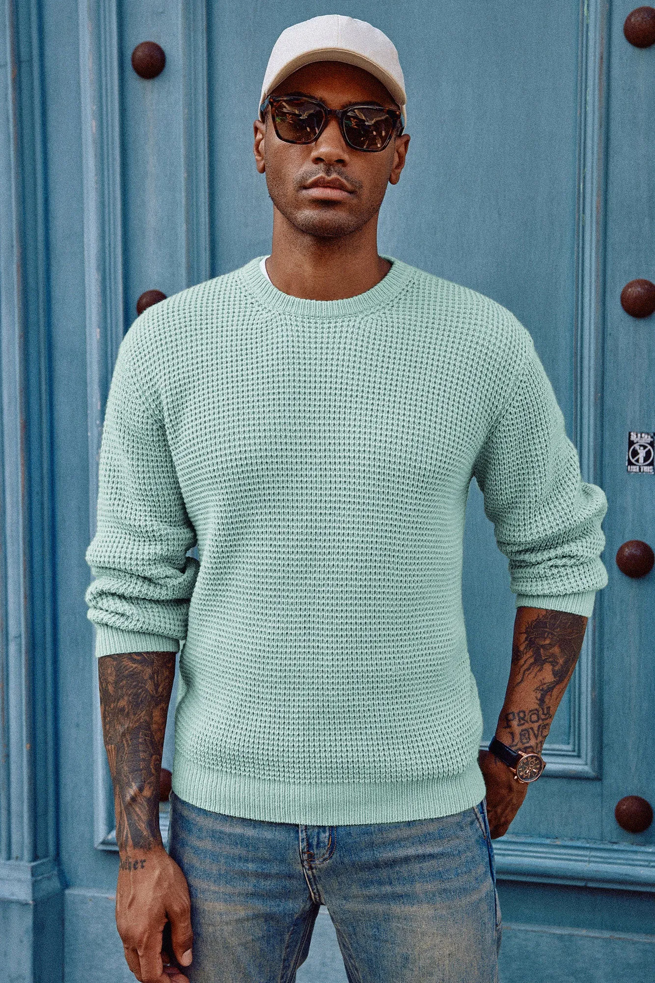 Mens Crewneck Pullover Sweater Waffle Textured Long Sleeve Knitted Sweater