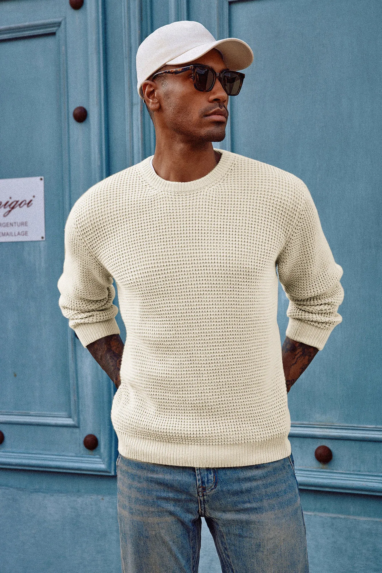 Mens Crewneck Pullover Sweater Waffle Textured Long Sleeve Knitted Sweater