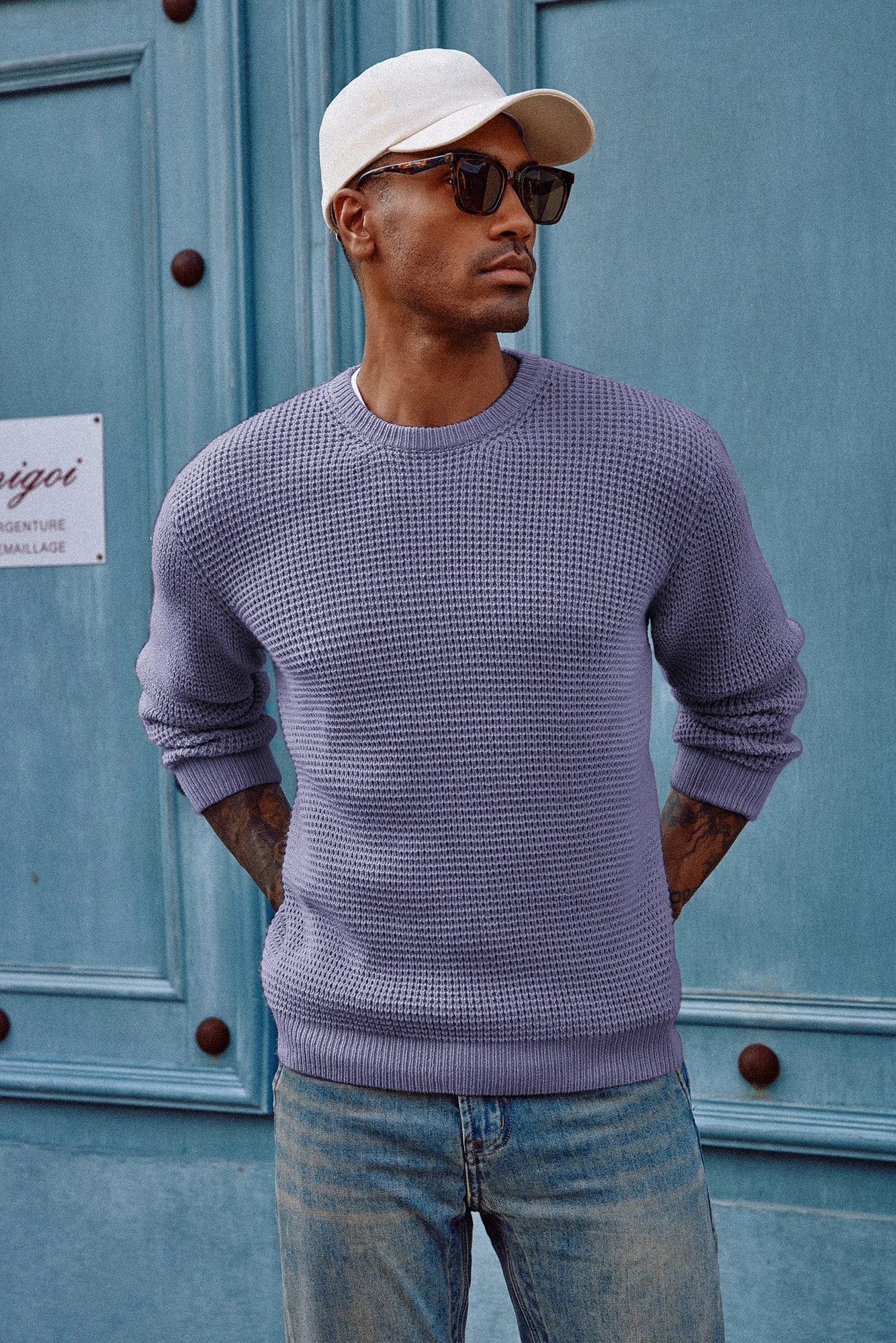 Mens Crewneck Pullover Sweater Waffle Textured Long Sleeve Knitted Sweater