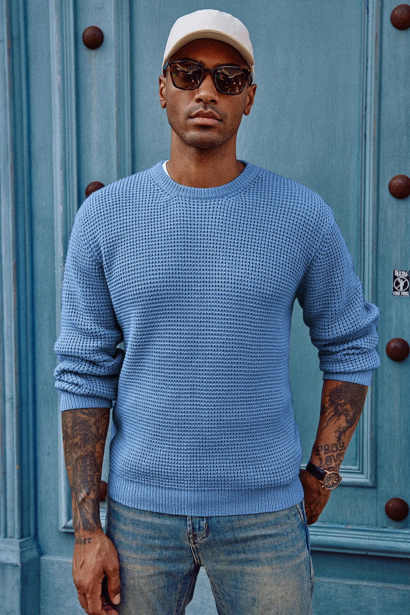 Mens Crewneck Pullover Sweater Waffle Textured Long Sleeve Knitted Sweater