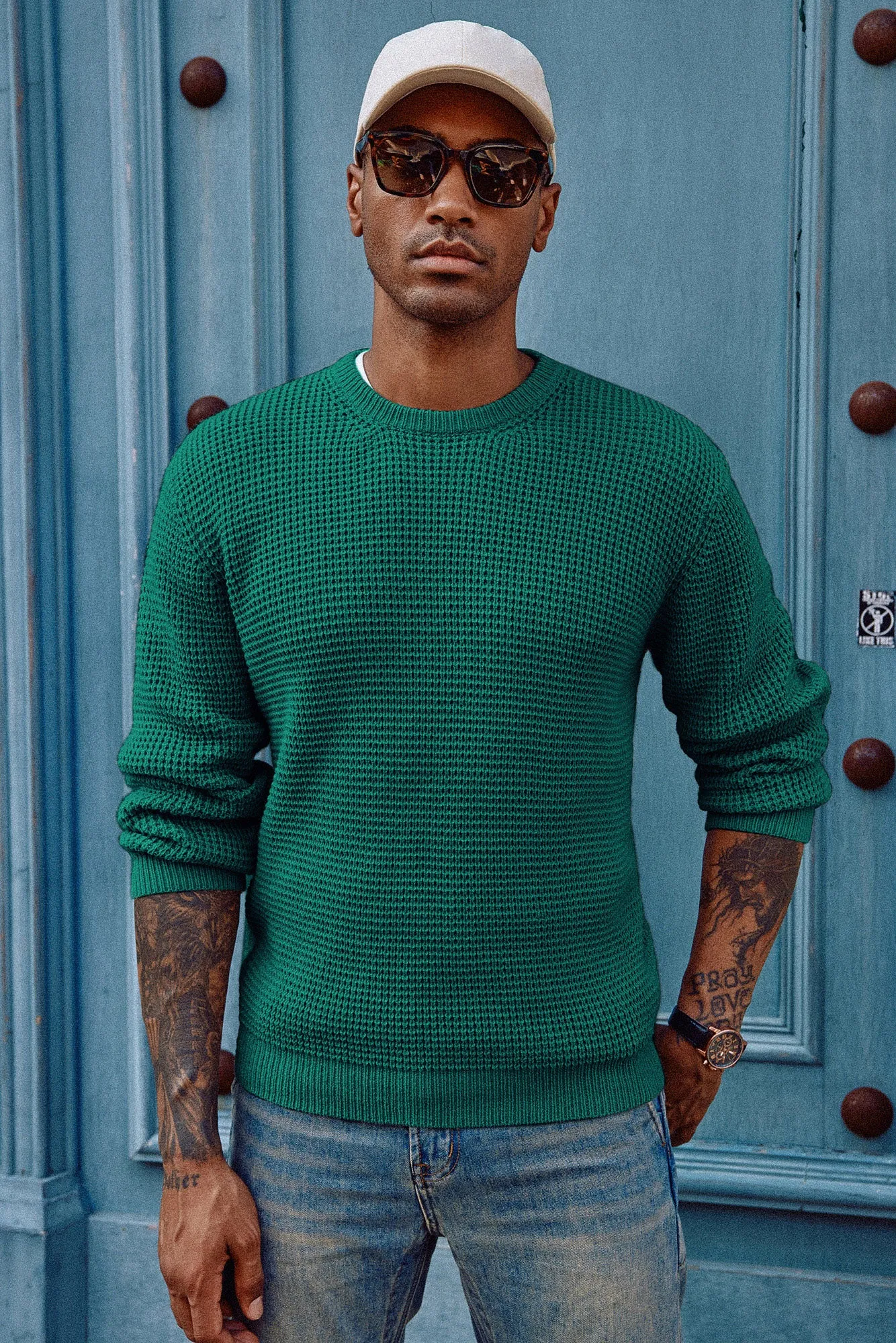 Mens Crewneck Pullover Sweater Waffle Textured Long Sleeve Knitted Sweater