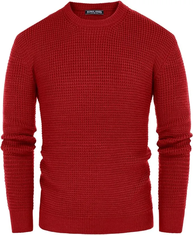 Mens Crewneck Pullover Sweater Waffle Textured Long Sleeve Knitted Sweater