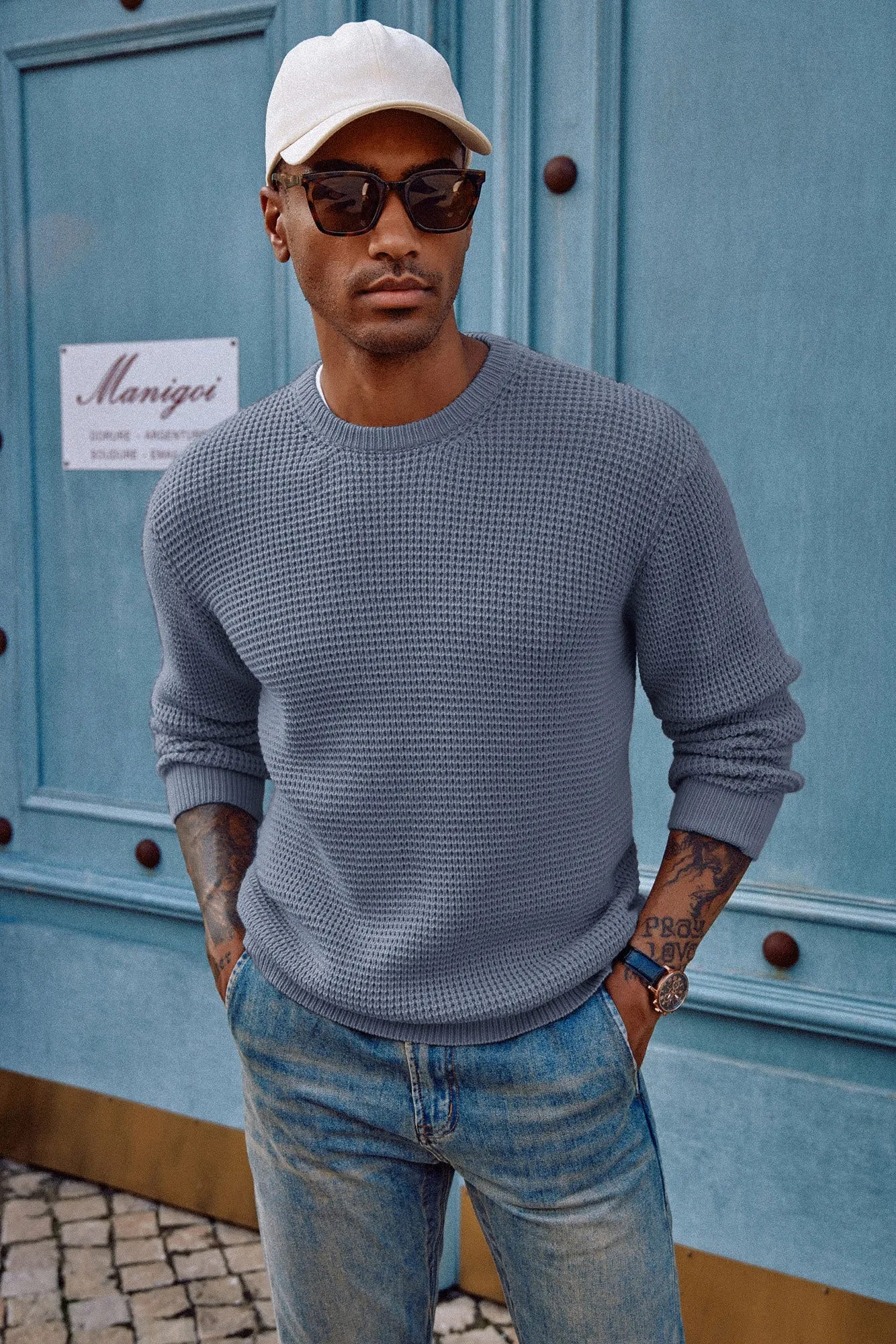 Mens Crewneck Pullover Sweater Waffle Textured Long Sleeve Knitted Sweater