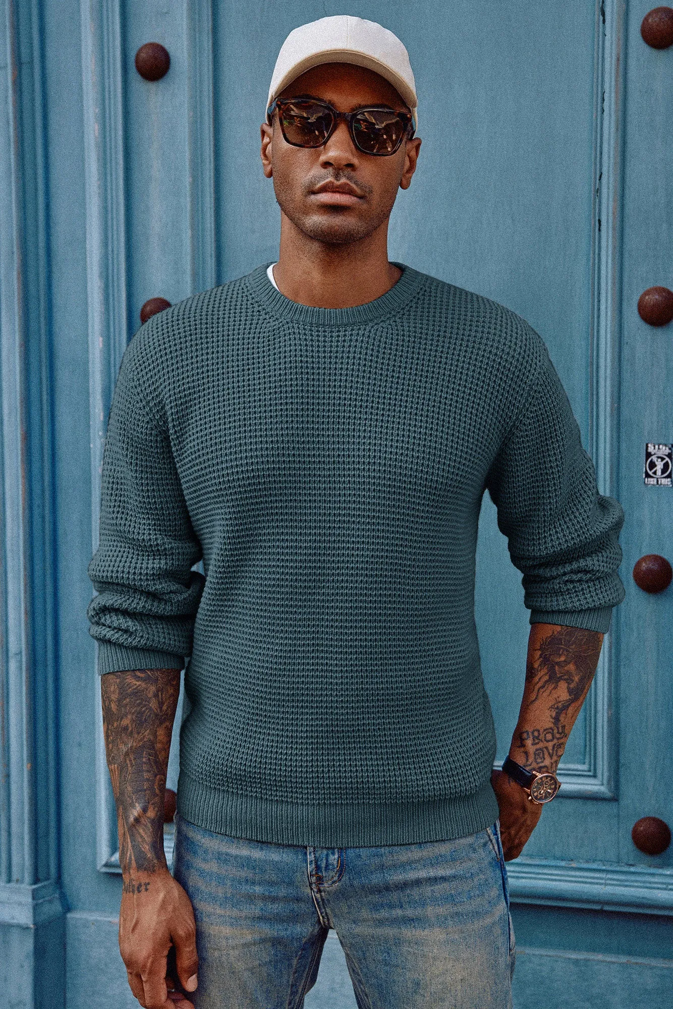 Mens Crewneck Pullover Sweater Waffle Textured Long Sleeve Knitted Sweater