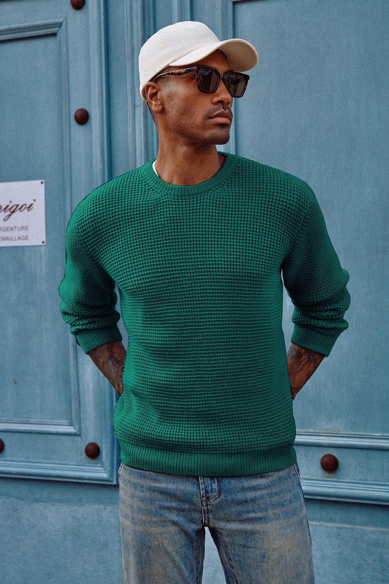 Mens Crewneck Pullover Sweater Waffle Textured Long Sleeve Knitted Sweater