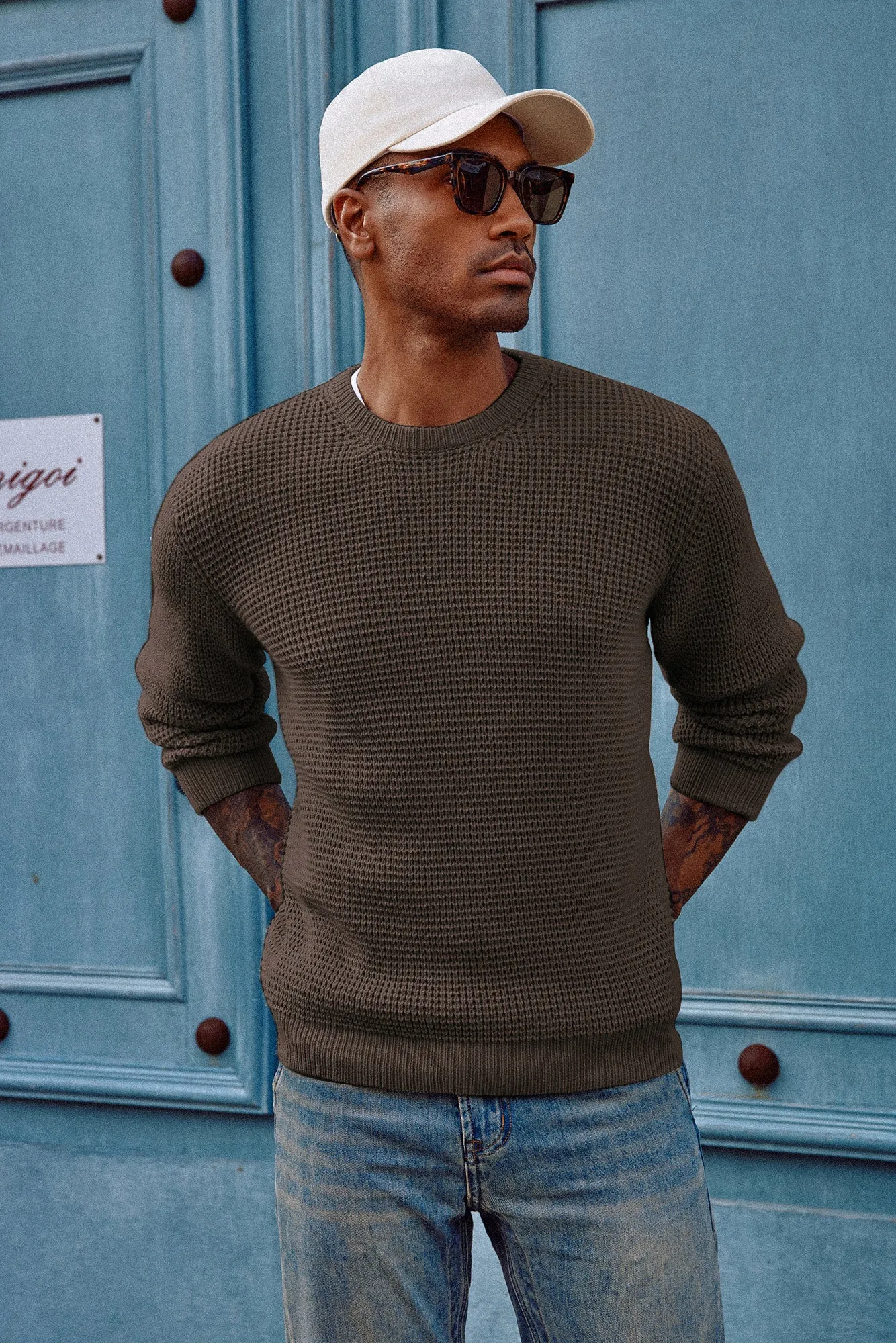 Mens Crewneck Pullover Sweater Waffle Textured Long Sleeve Knitted Sweater