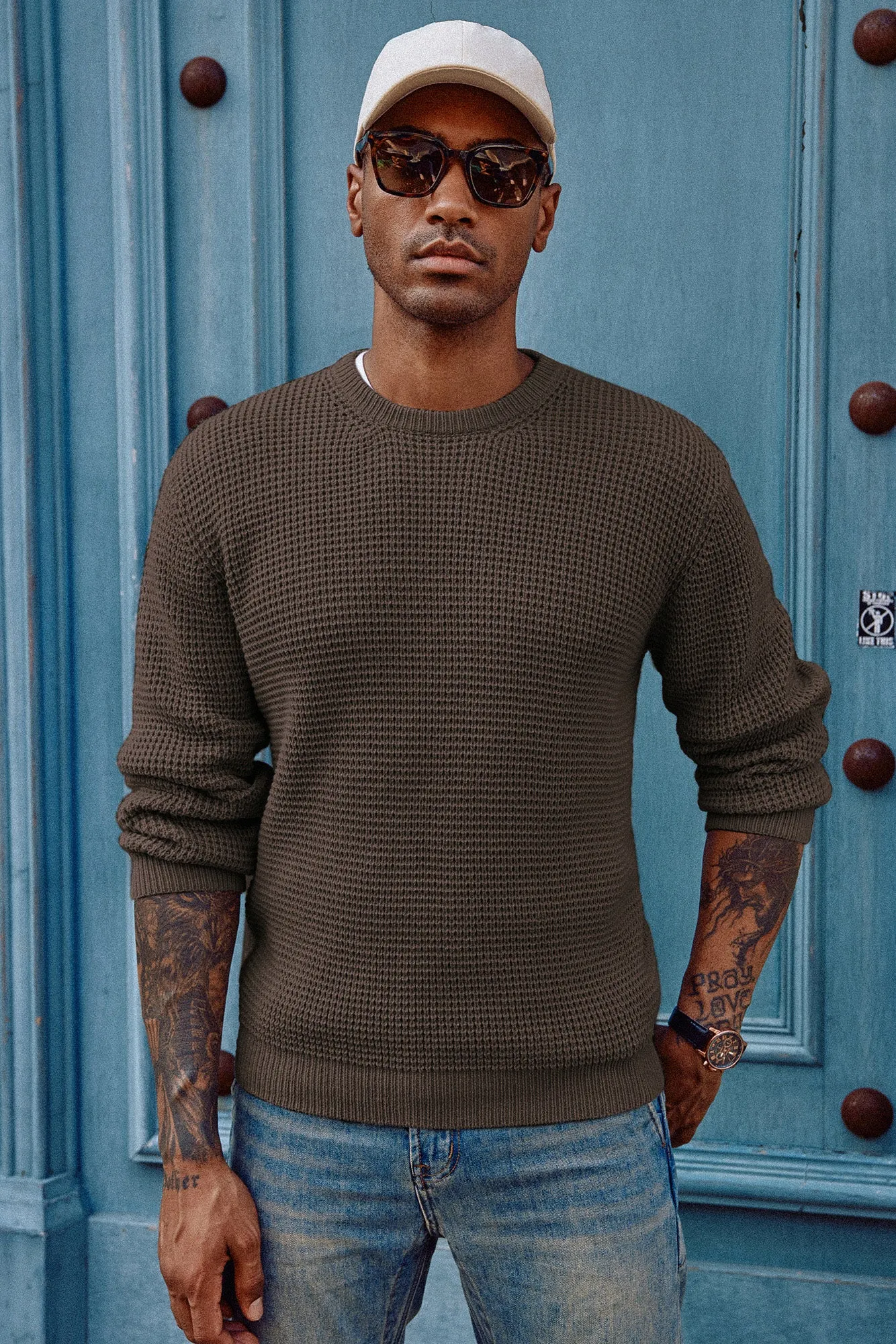 Mens Crewneck Pullover Sweater Waffle Textured Long Sleeve Knitted Sweater