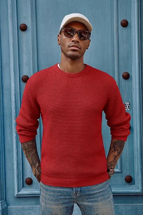 Mens Crewneck Pullover Sweater Waffle Textured Long Sleeve Knitted Sweater