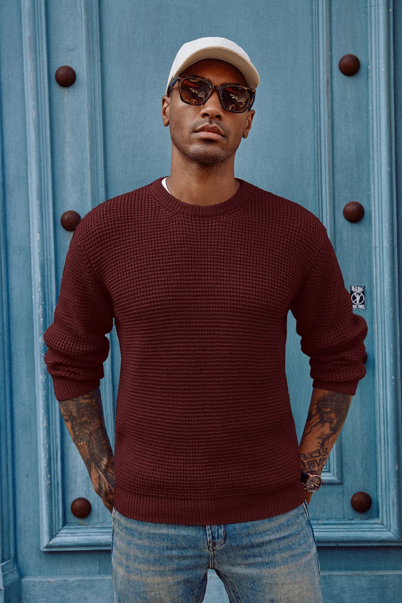 Mens Crewneck Pullover Sweater Waffle Textured Long Sleeve Knitted Sweater