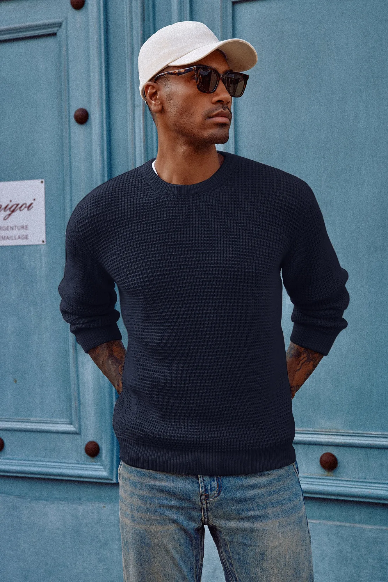 Mens Crewneck Pullover Sweater Waffle Textured Long Sleeve Knitted Sweater