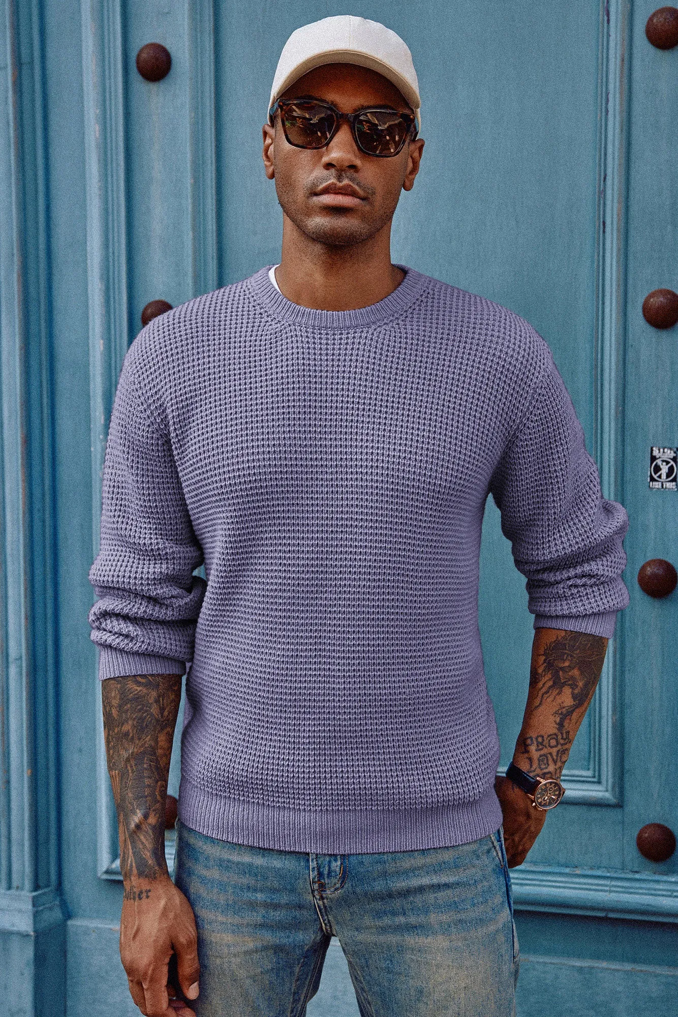 Mens Crewneck Pullover Sweater Waffle Textured Long Sleeve Knitted Sweater