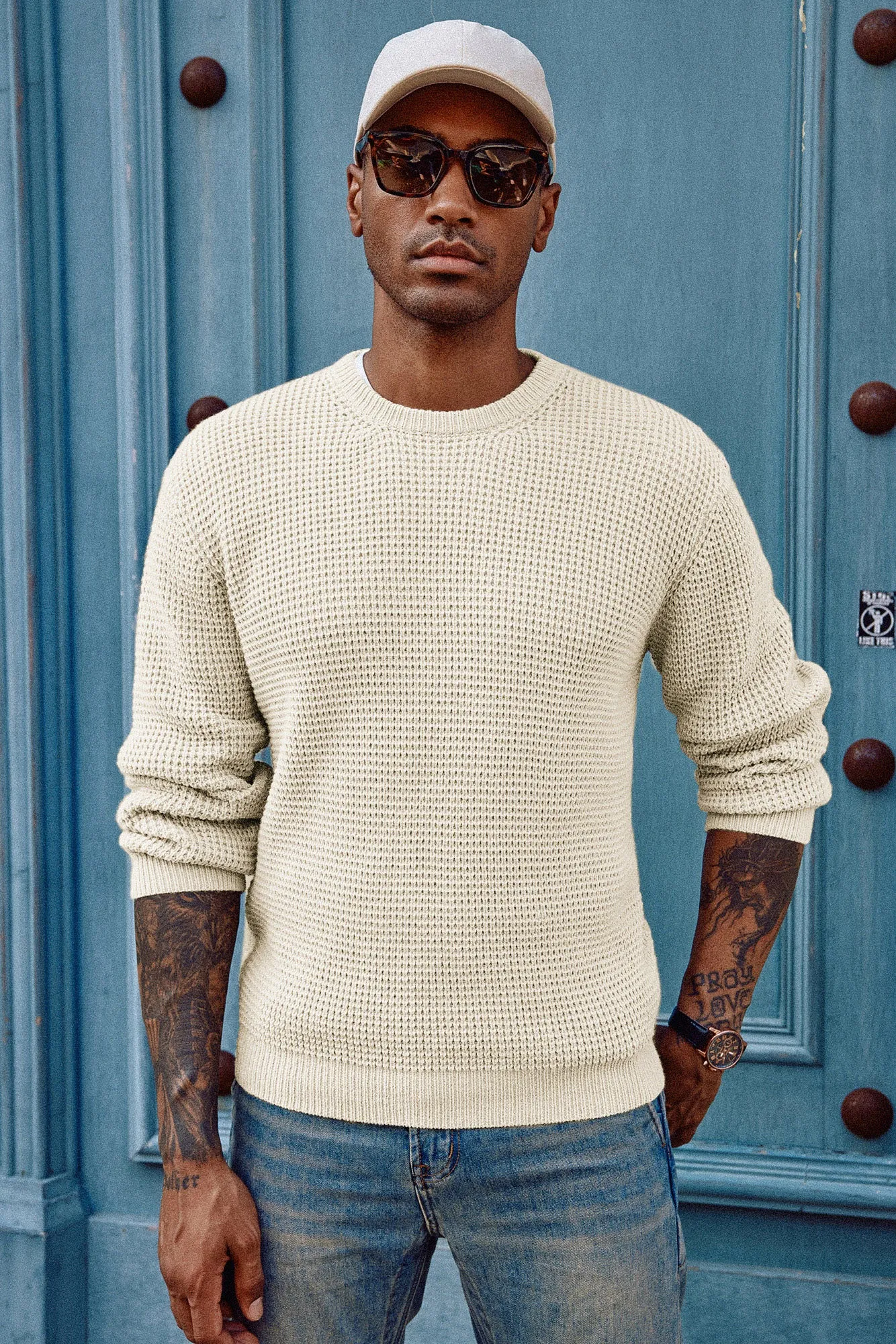 Mens Crewneck Pullover Sweater Waffle Textured Long Sleeve Knitted Sweater