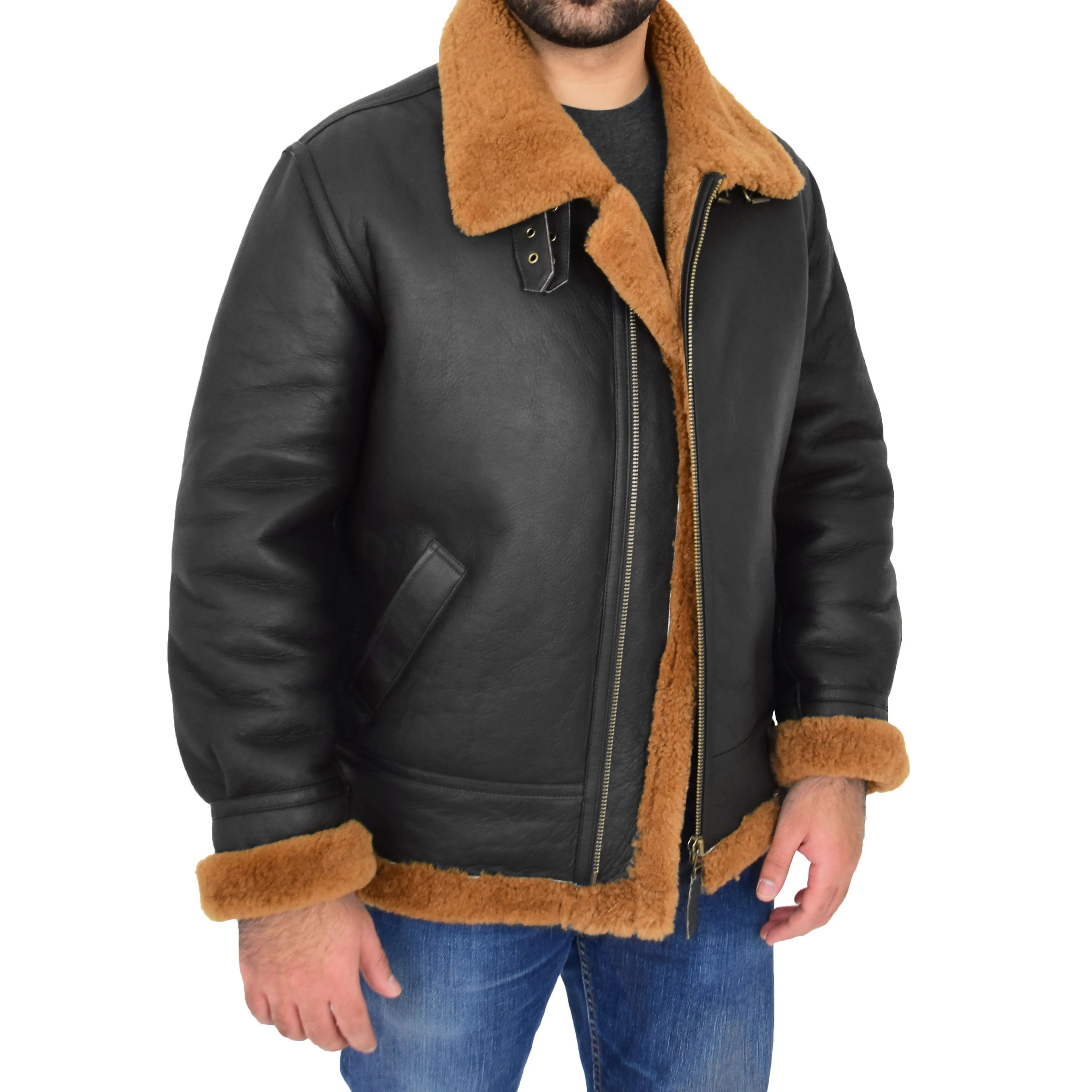 Mens Real Sheepskin Flying Jacket Hooded Brown Ginger Shearling Hawker