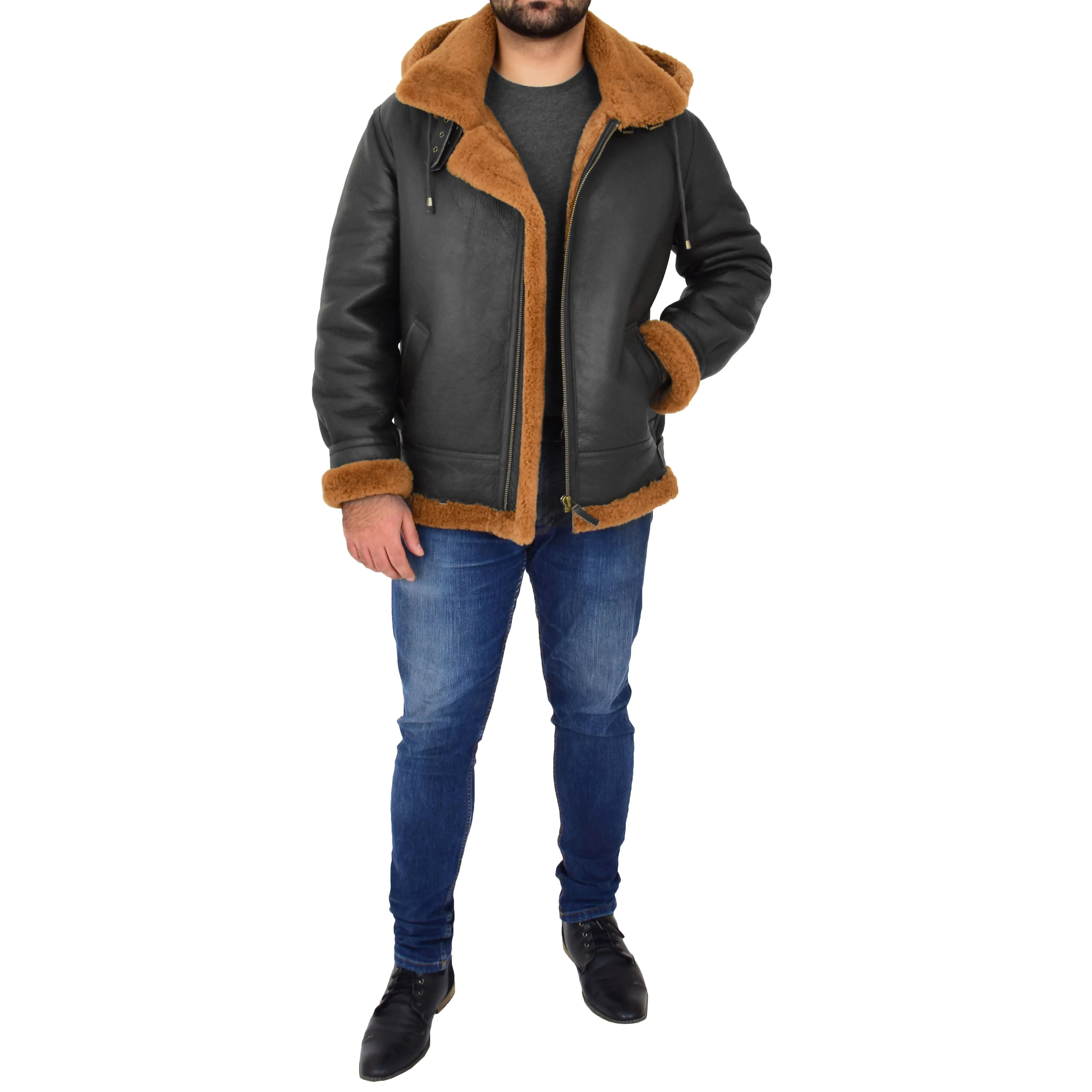 Mens Real Sheepskin Flying Jacket Hooded Brown Ginger Shearling Hawker