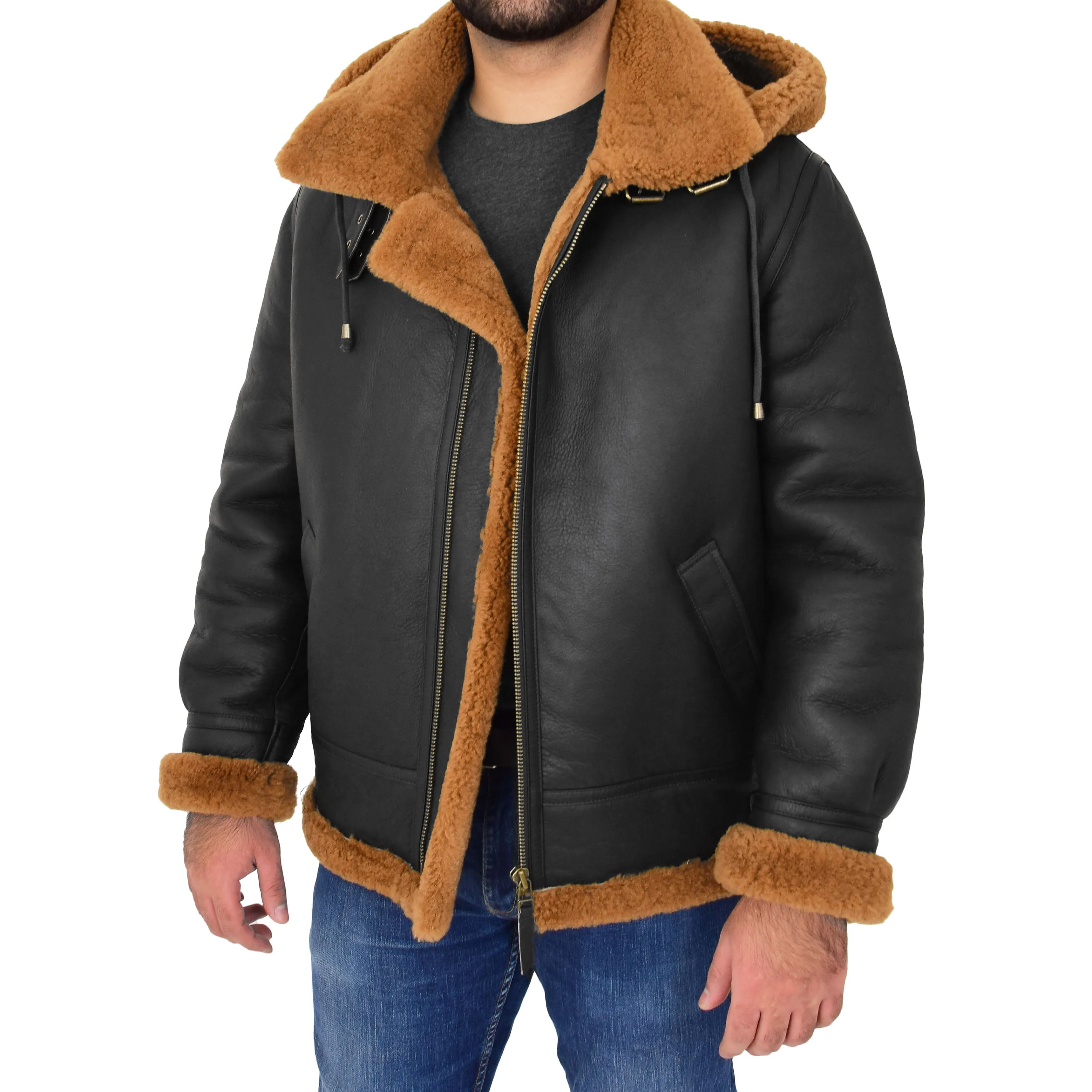 Mens Real Sheepskin Flying Jacket Hooded Brown Ginger Shearling Hawker