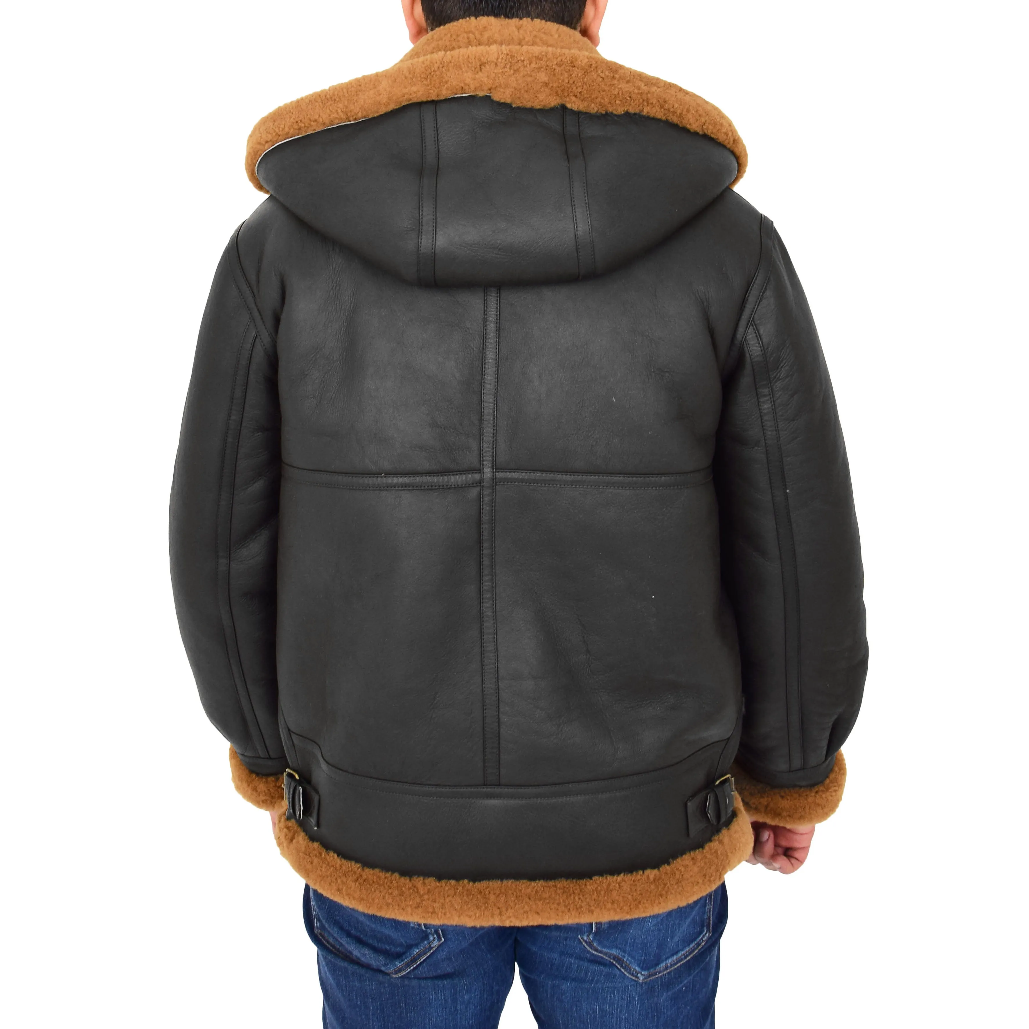 Mens Real Sheepskin Flying Jacket Hooded Brown Ginger Shearling Hawker