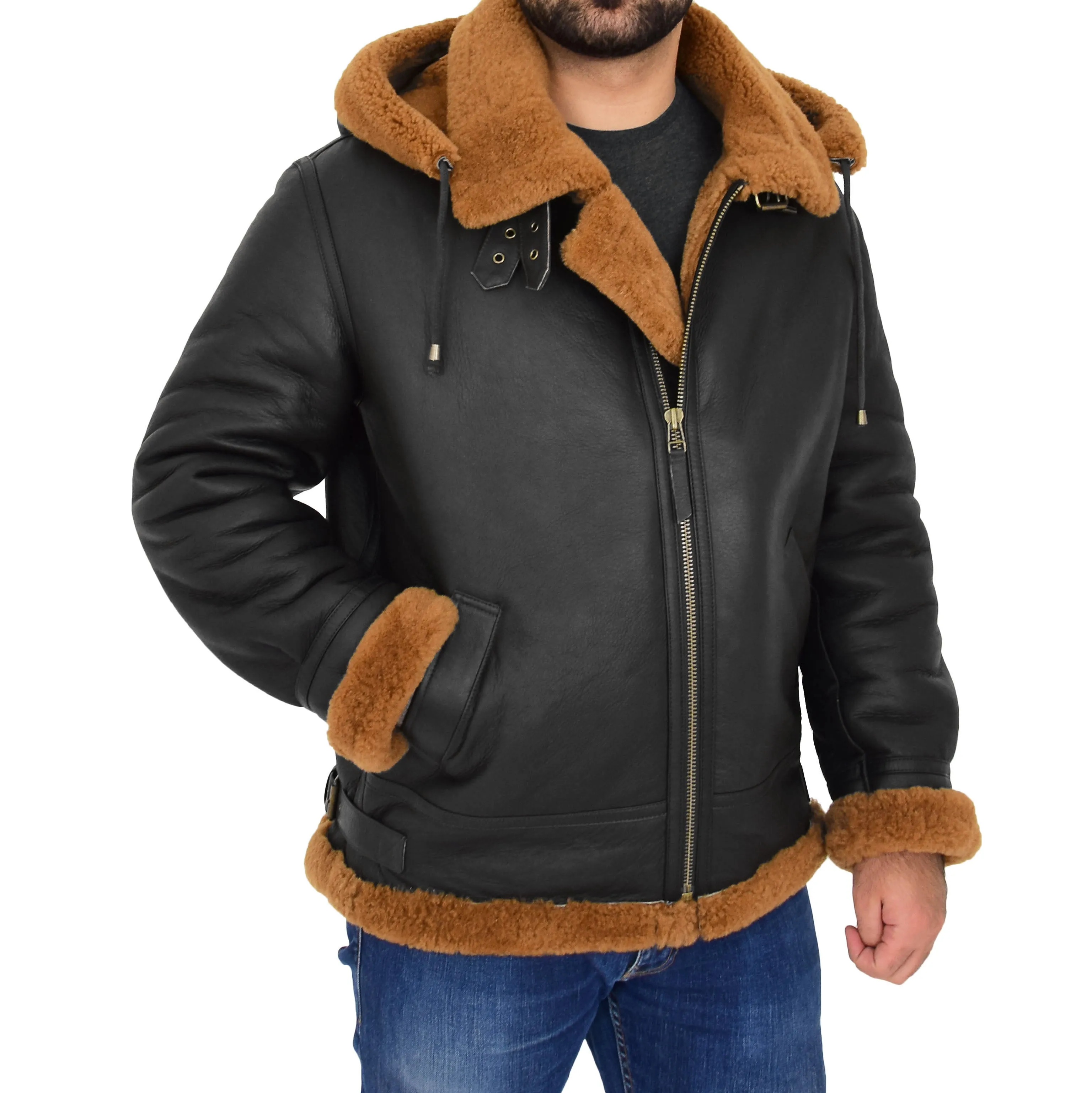 Mens Real Sheepskin Flying Jacket Hooded Brown Ginger Shearling Hawker