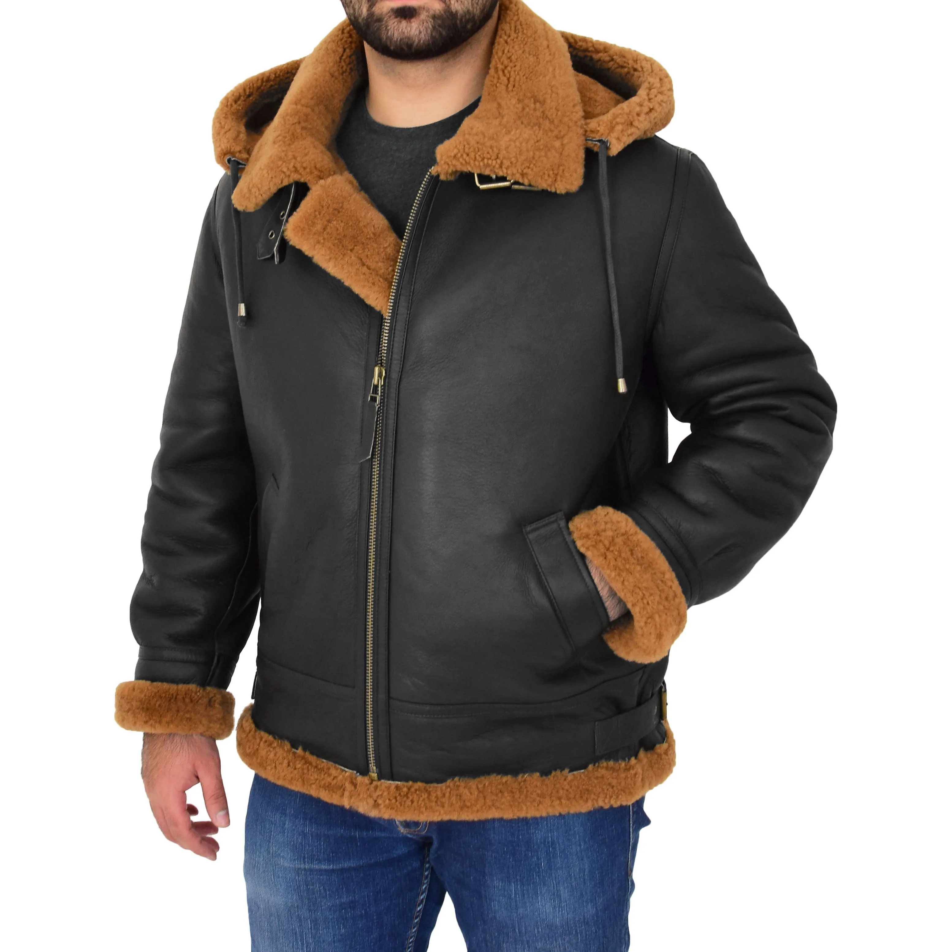 Mens Real Sheepskin Flying Jacket Hooded Brown Ginger Shearling Hawker