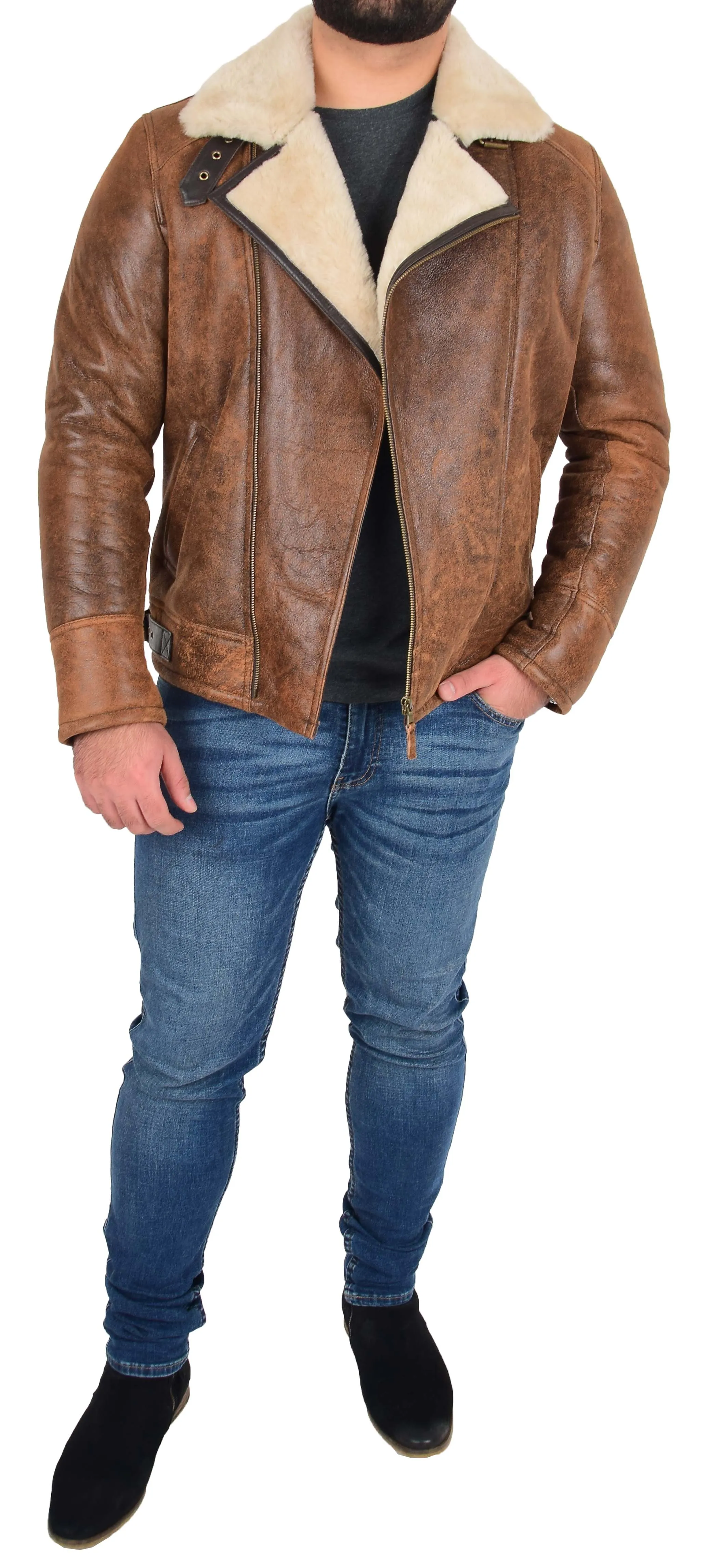 Mens Real Sheepskin Flying Jacket X-Zip Shearling B3 Aviator Stealth Brown Antique