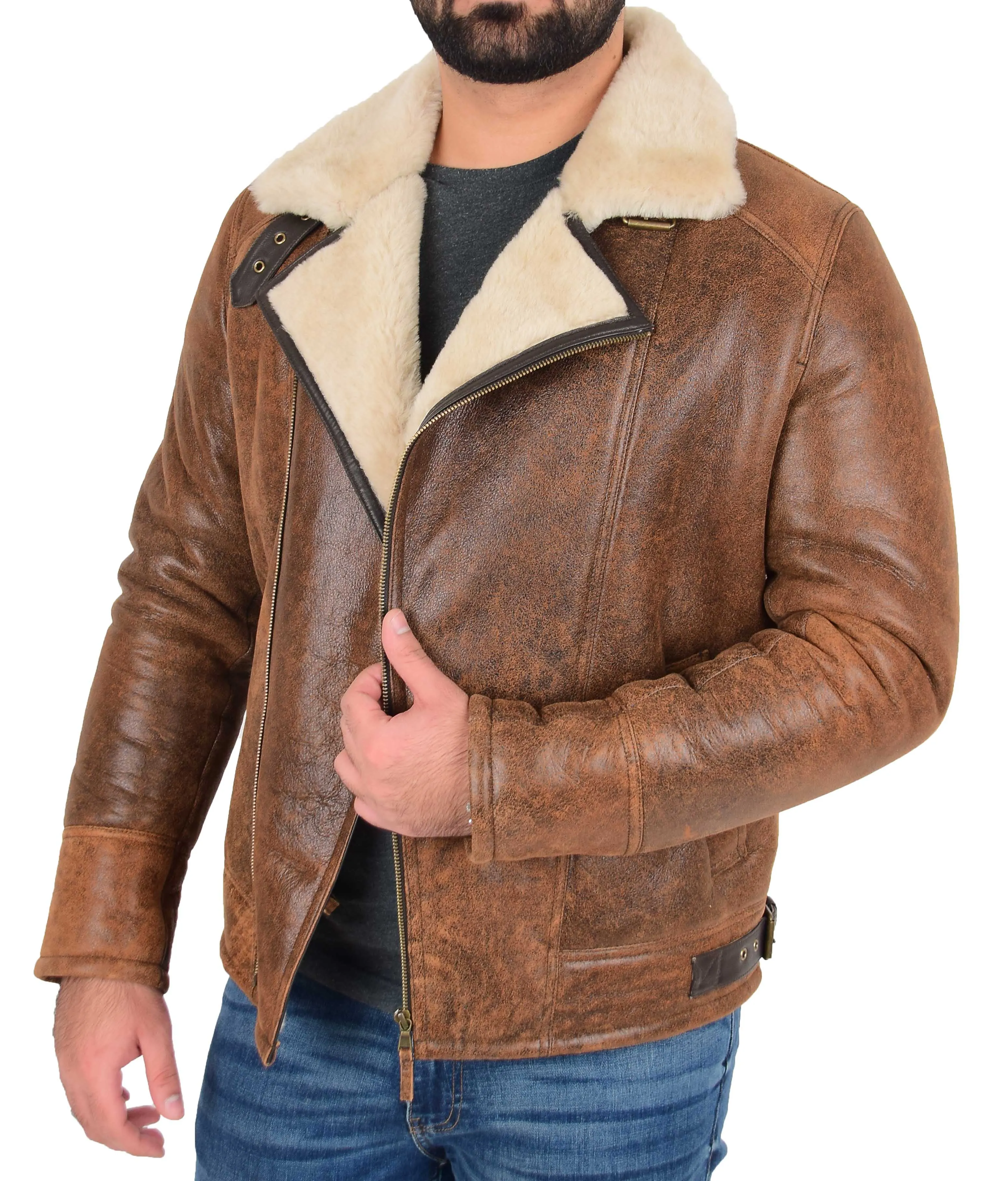 Mens Real Sheepskin Flying Jacket X-Zip Shearling B3 Aviator Stealth Brown Antique