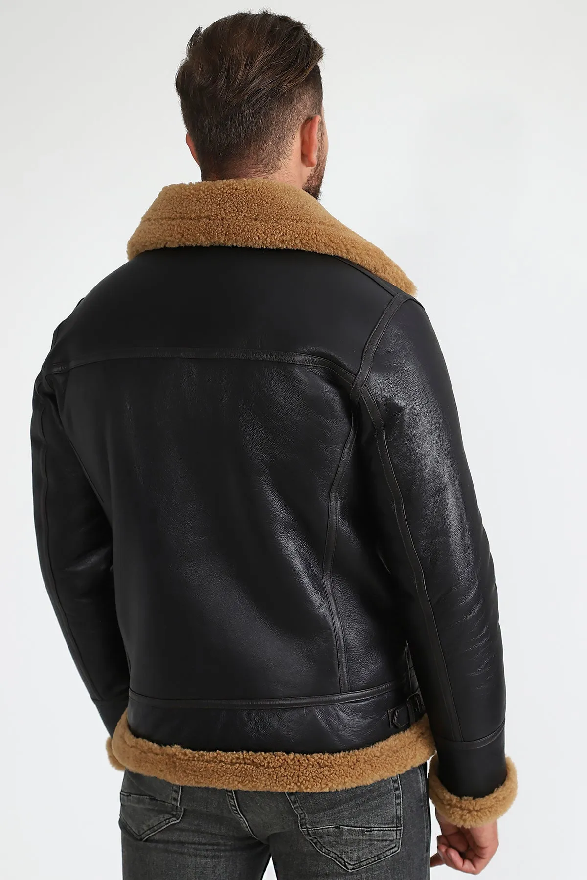 Men's Shearling Biker Jacket, Silky Brown with Ginger Curly Wool