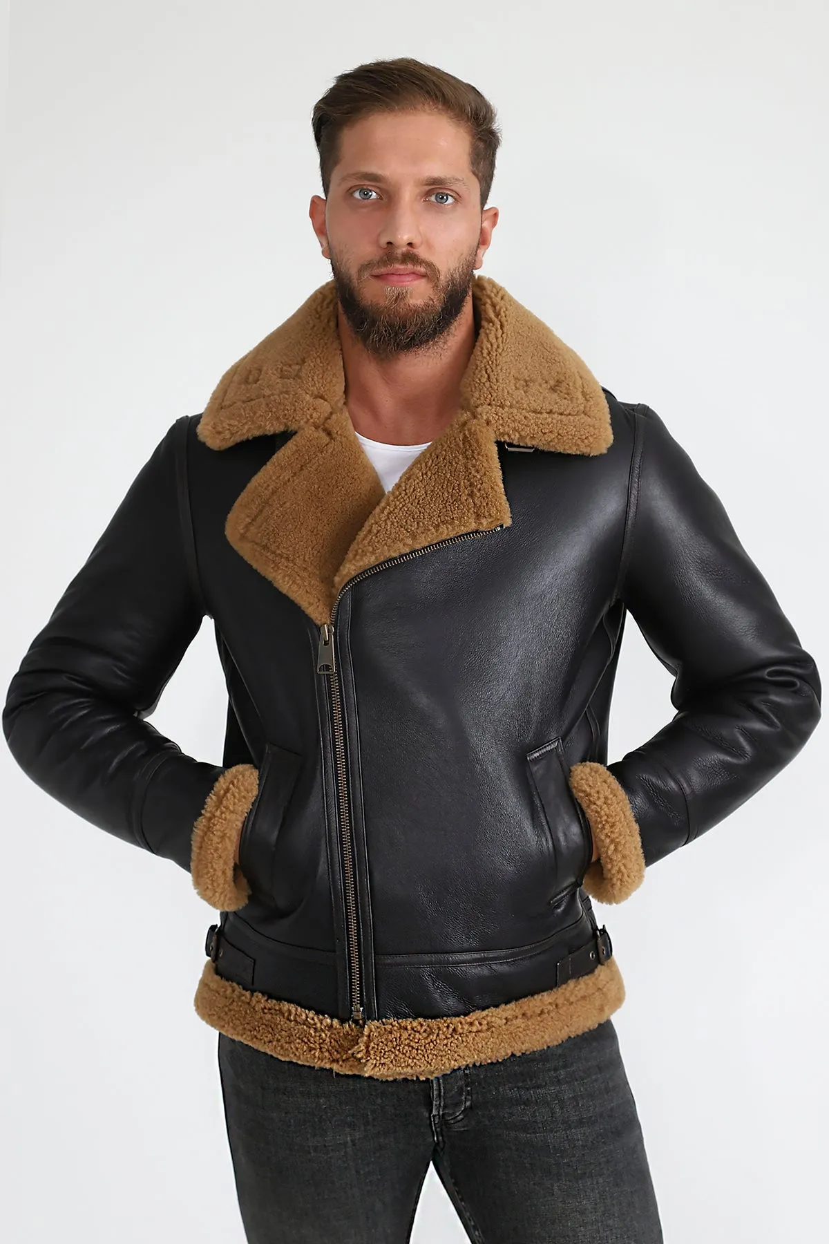 Men's Shearling Biker Jacket, Silky Brown with Ginger Curly Wool