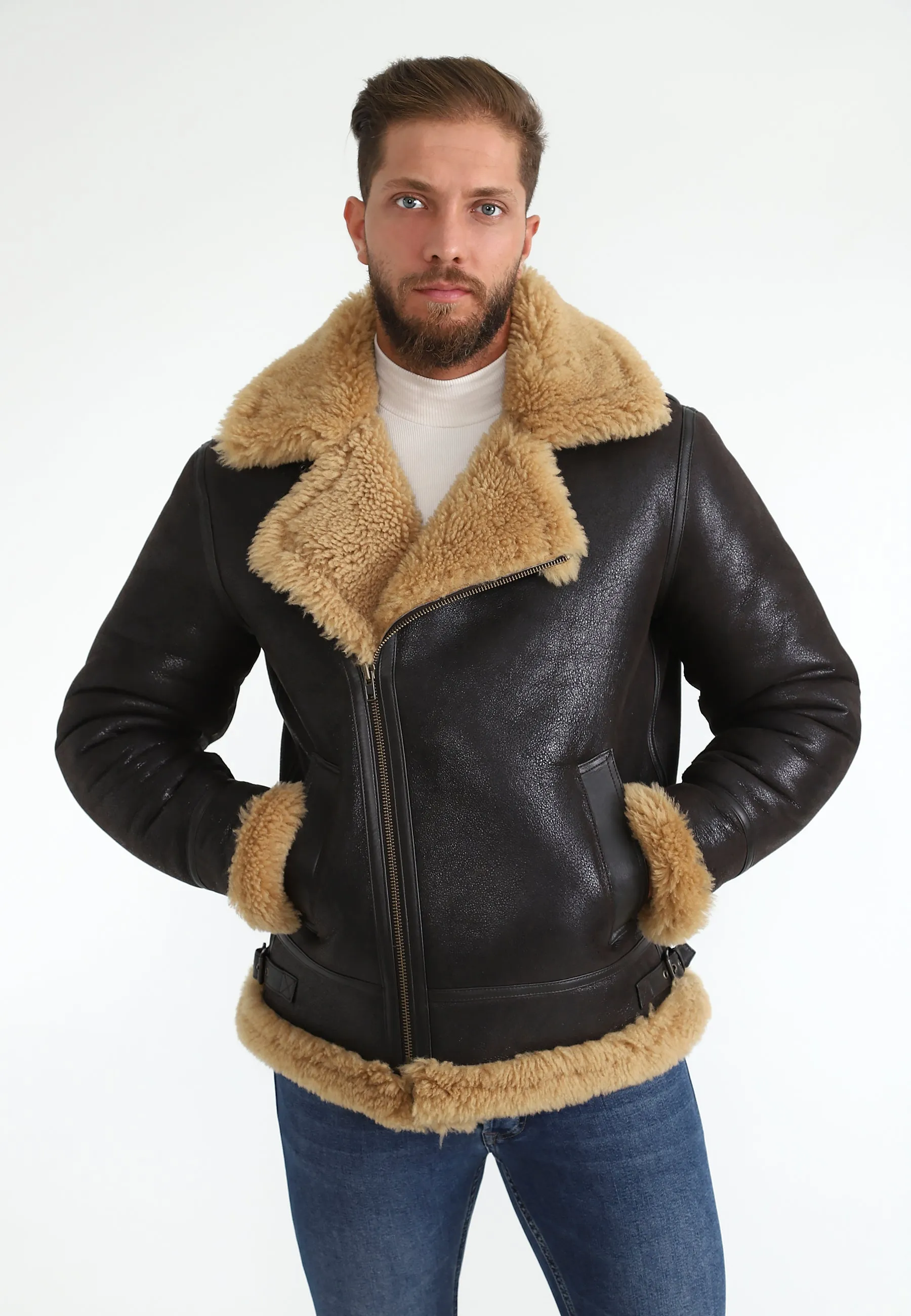 Men's Shearling Biker Jacket, Vintage Brown with Ginger Curly Wool