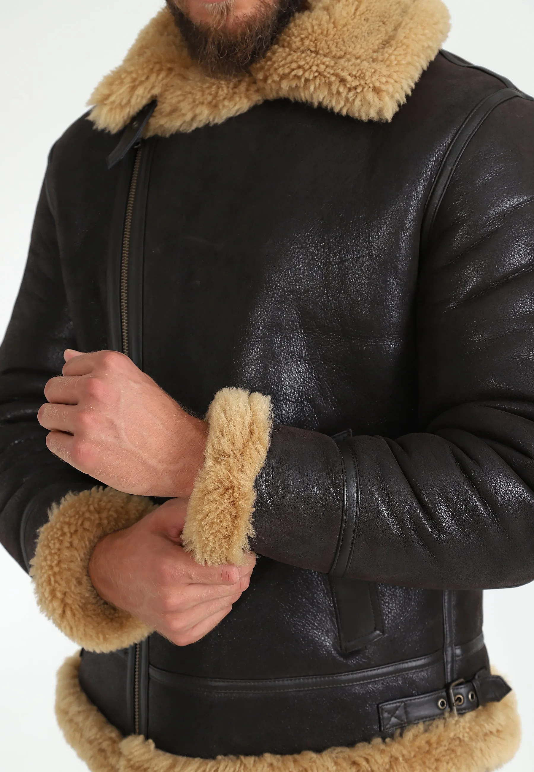 Men's Shearling Biker Jacket, Vintage Brown with Ginger Curly Wool