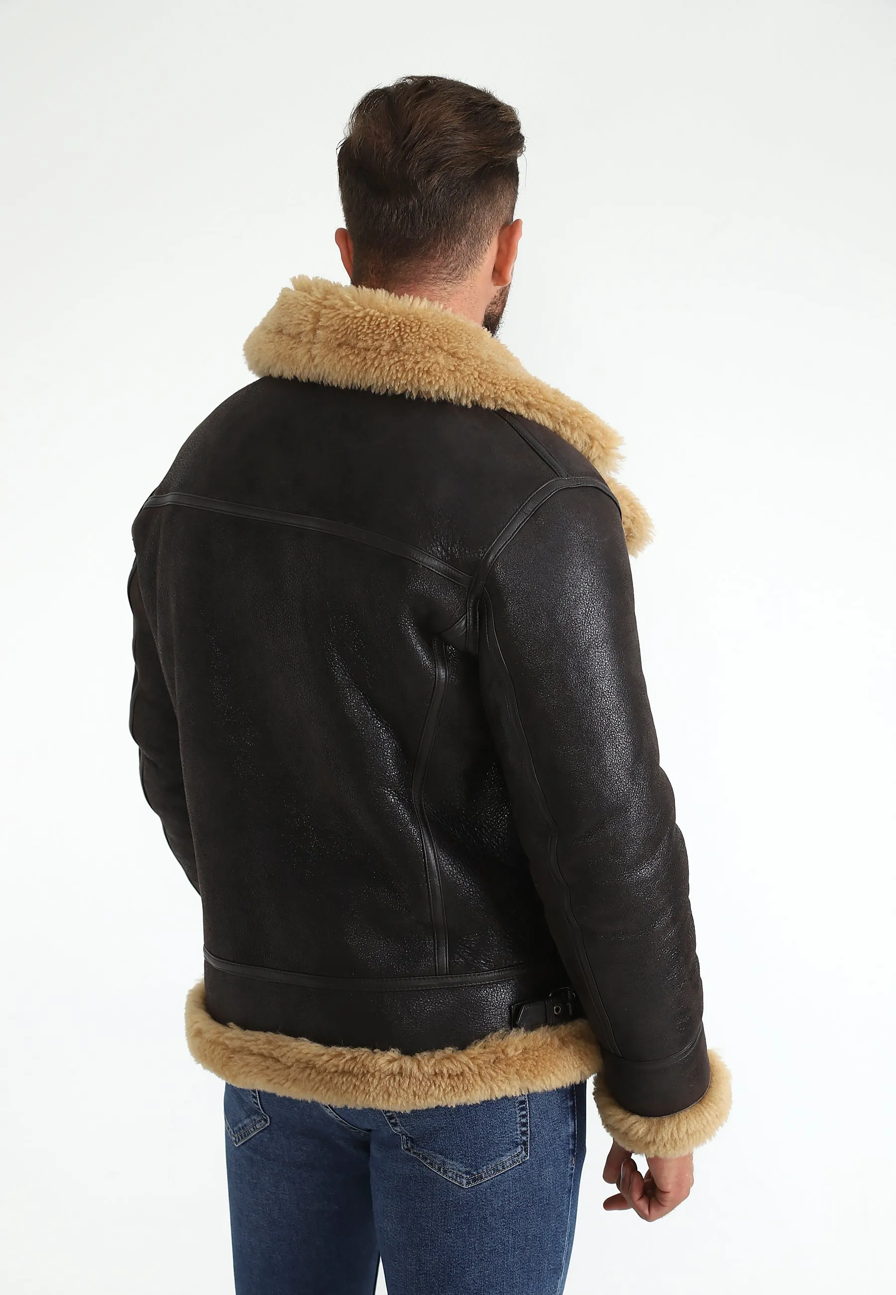 Men's Shearling Biker Jacket, Vintage Brown with Ginger Curly Wool