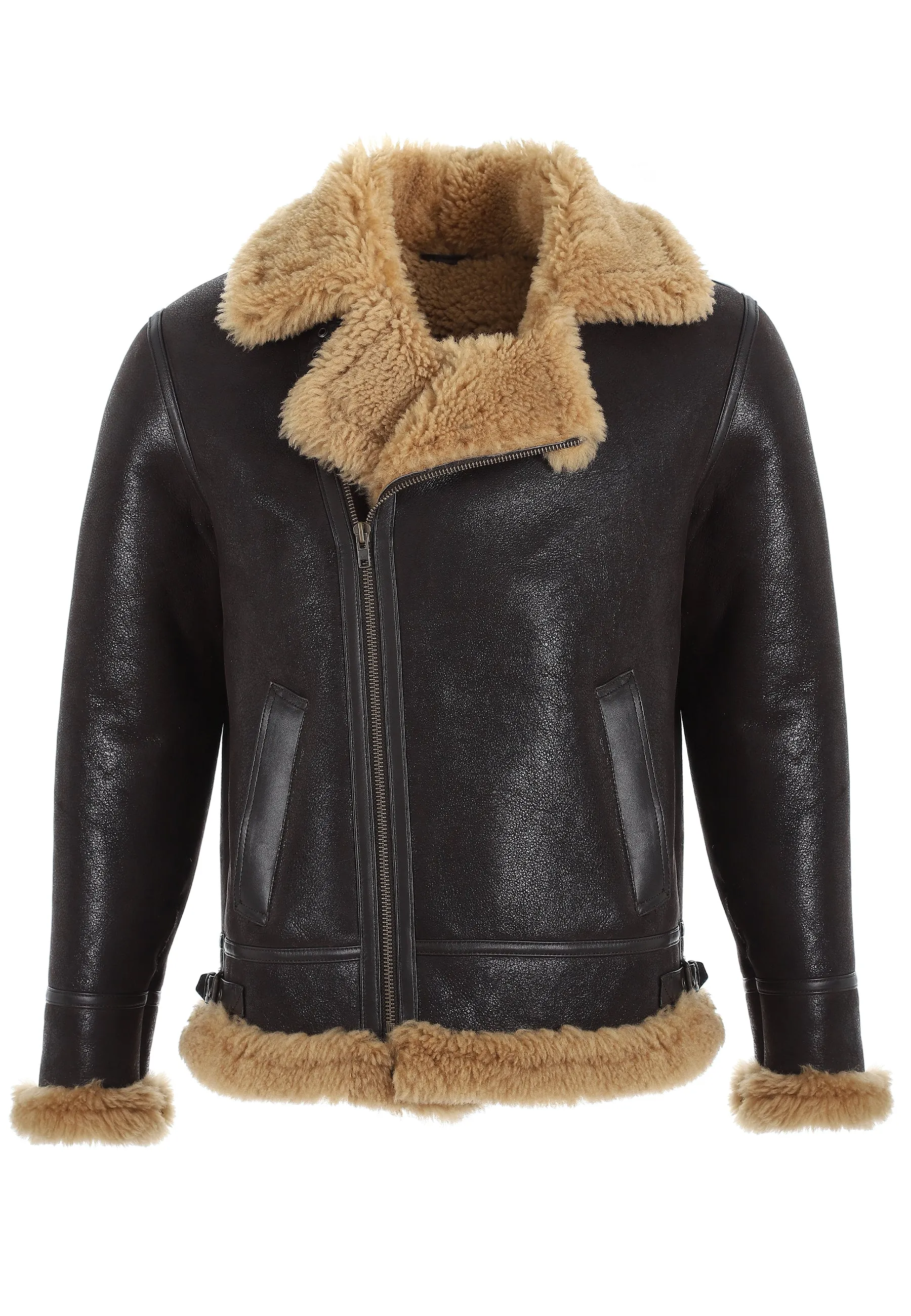 Men's Shearling Biker Jacket, Vintage Brown with Ginger Curly Wool