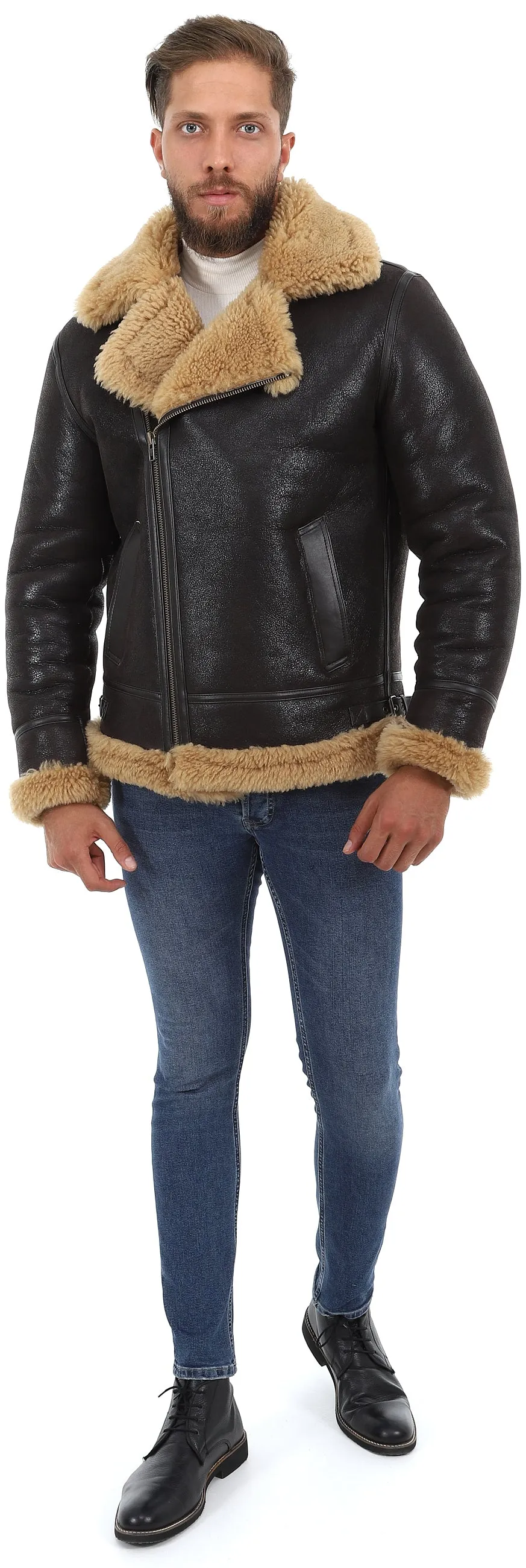 Men's Shearling Biker Jacket, Vintage Brown with Ginger Curly Wool