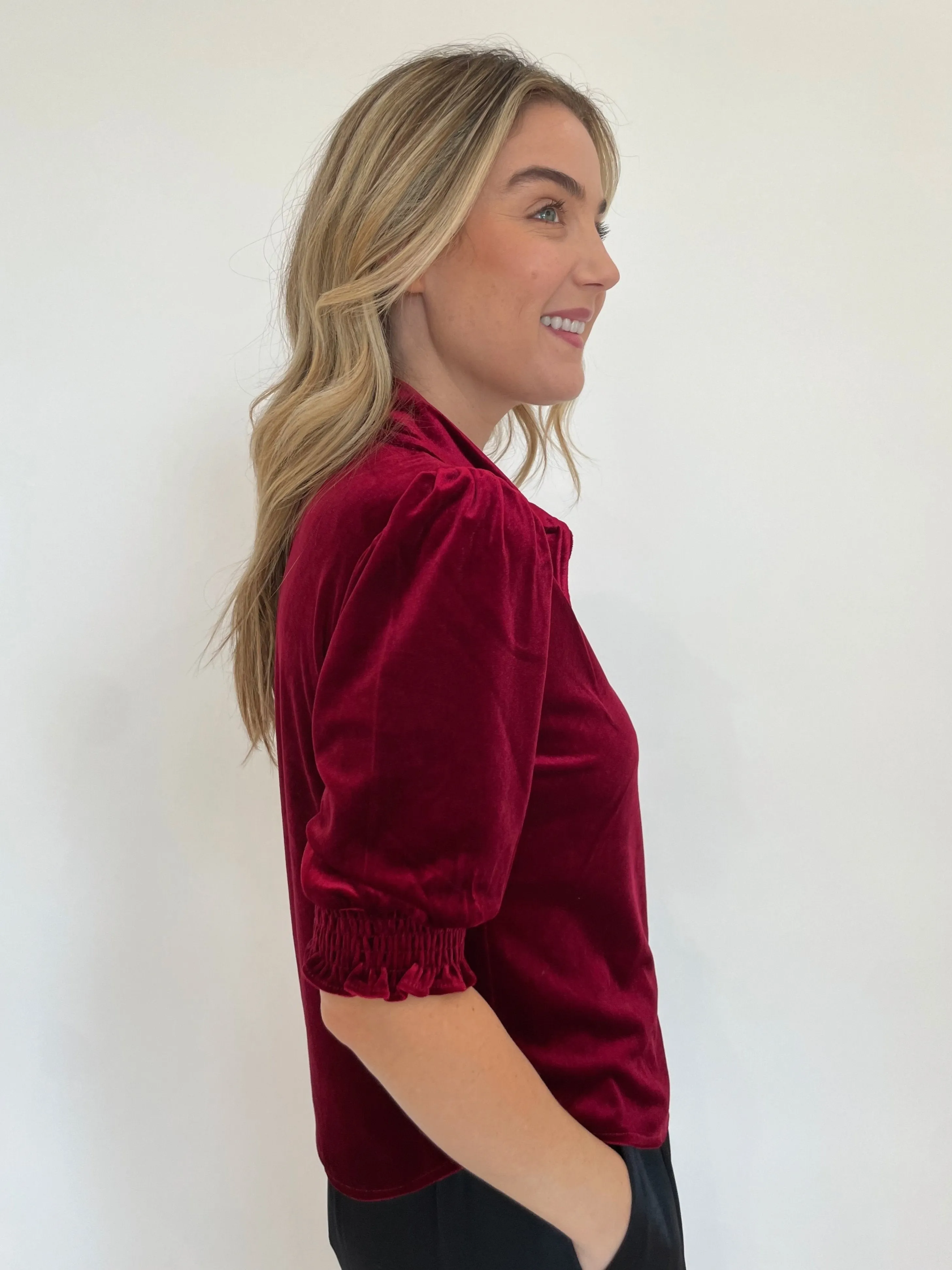 Mina Velvet Puff Sleeve Shirt - Deep Red