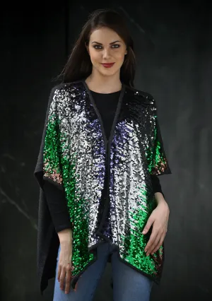 Multi Color Sequin and Charcoal Melange Knitted Fine Wool Cape