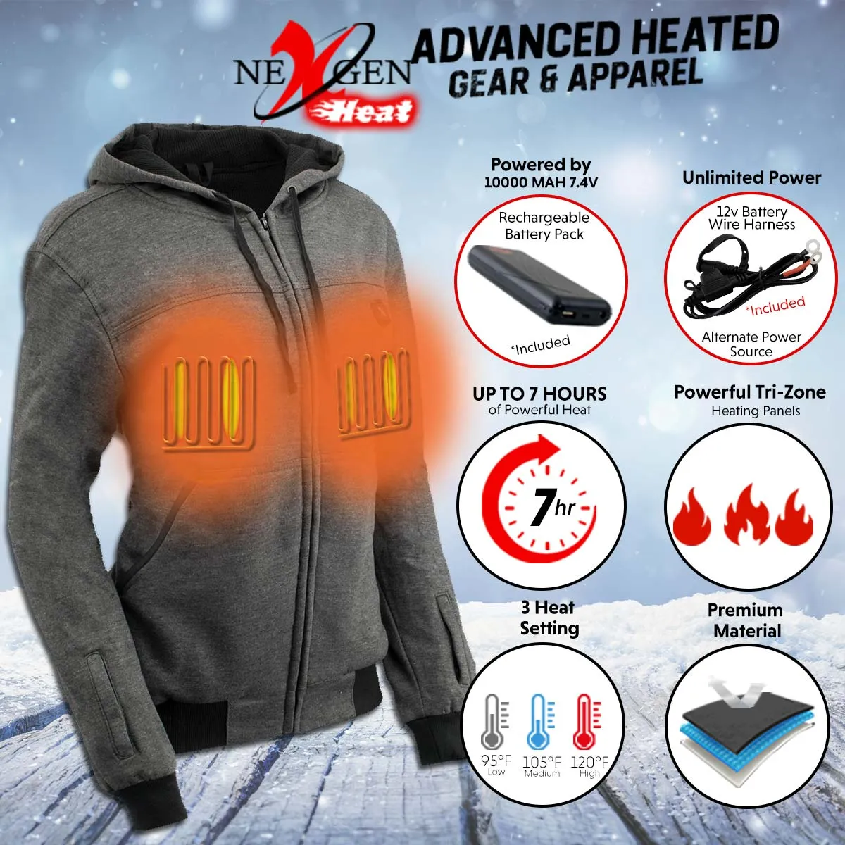 Nexgen Heat MPL2717DUAL Technology Women's Heated Hoodie - Grey Sweatshirt Jacket for Winter Season w/ Battery Pack