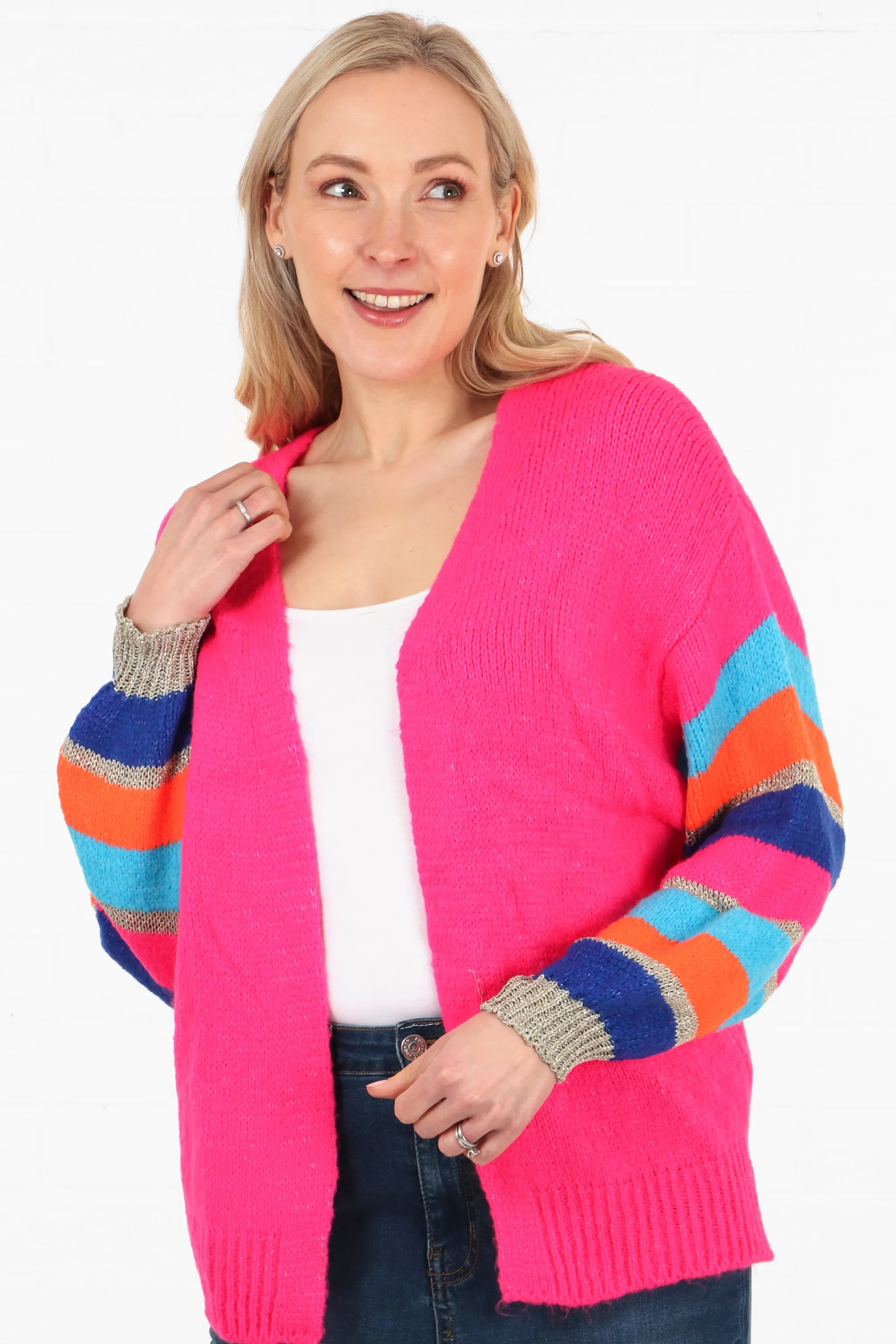 Open Front Wool Blend Balloon Sleeve Cardigan in  Fuchsia Pink